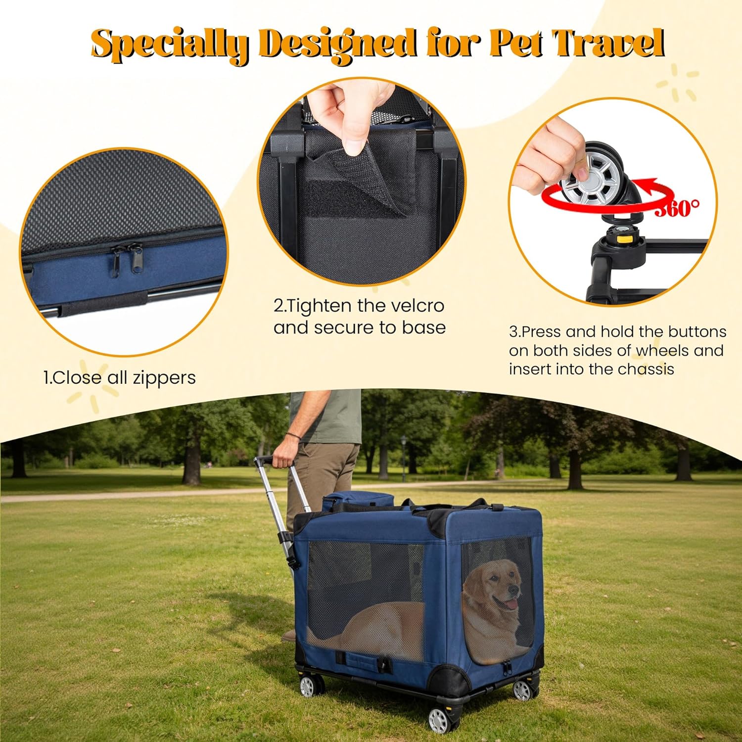 24" 2-in-1 Collapsible Travel Dog Crate, Rolling Pet Carrier with Wheels, 3-Door Portable Folding Kennel with Mesh Windows, 40lbs Capacity for Medium Large Dogs, Indoor Outdoor Use
