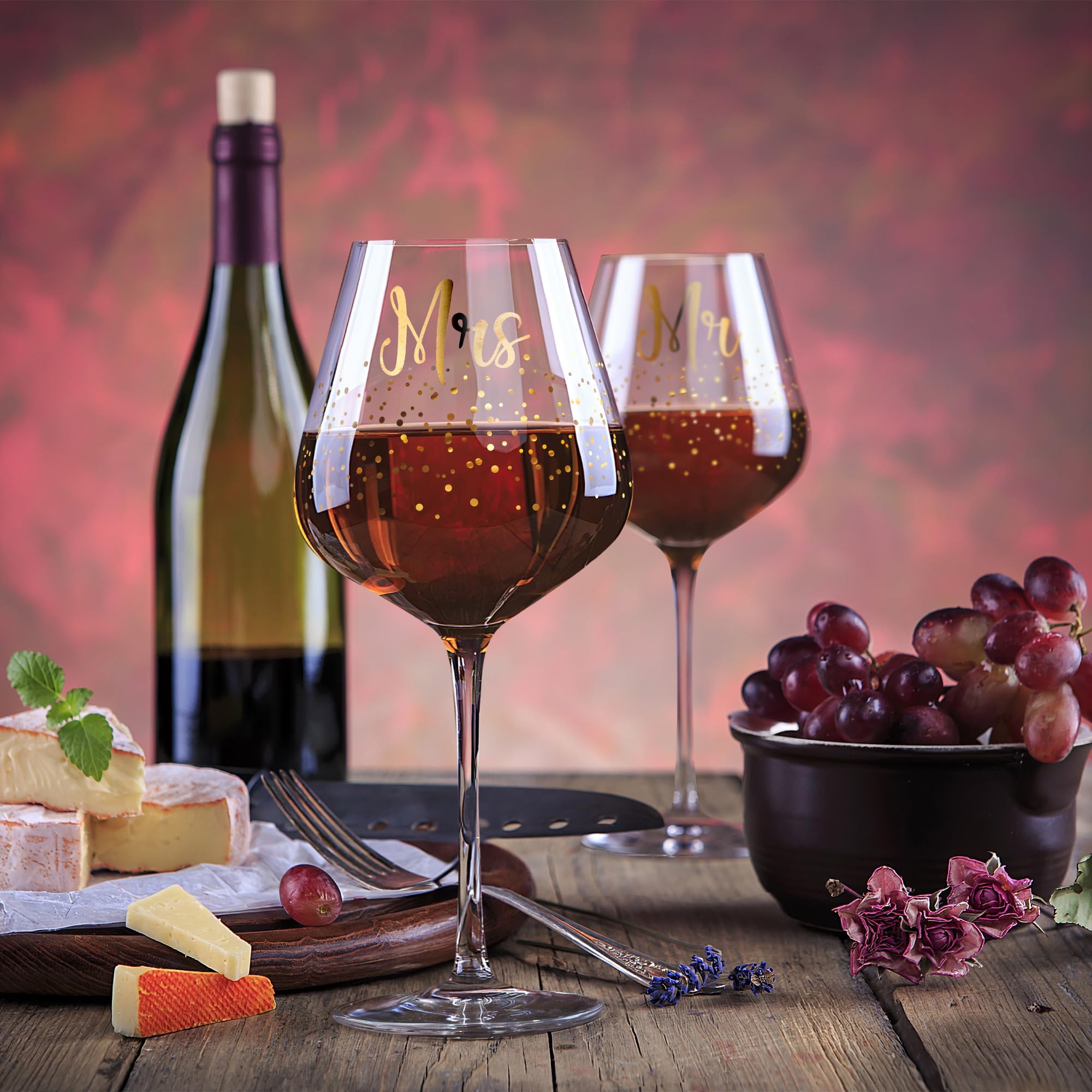 Joeyan 520 ml Set di 2 Mr e Mrs Calici Vino Rosso con Decalcomania Dorata