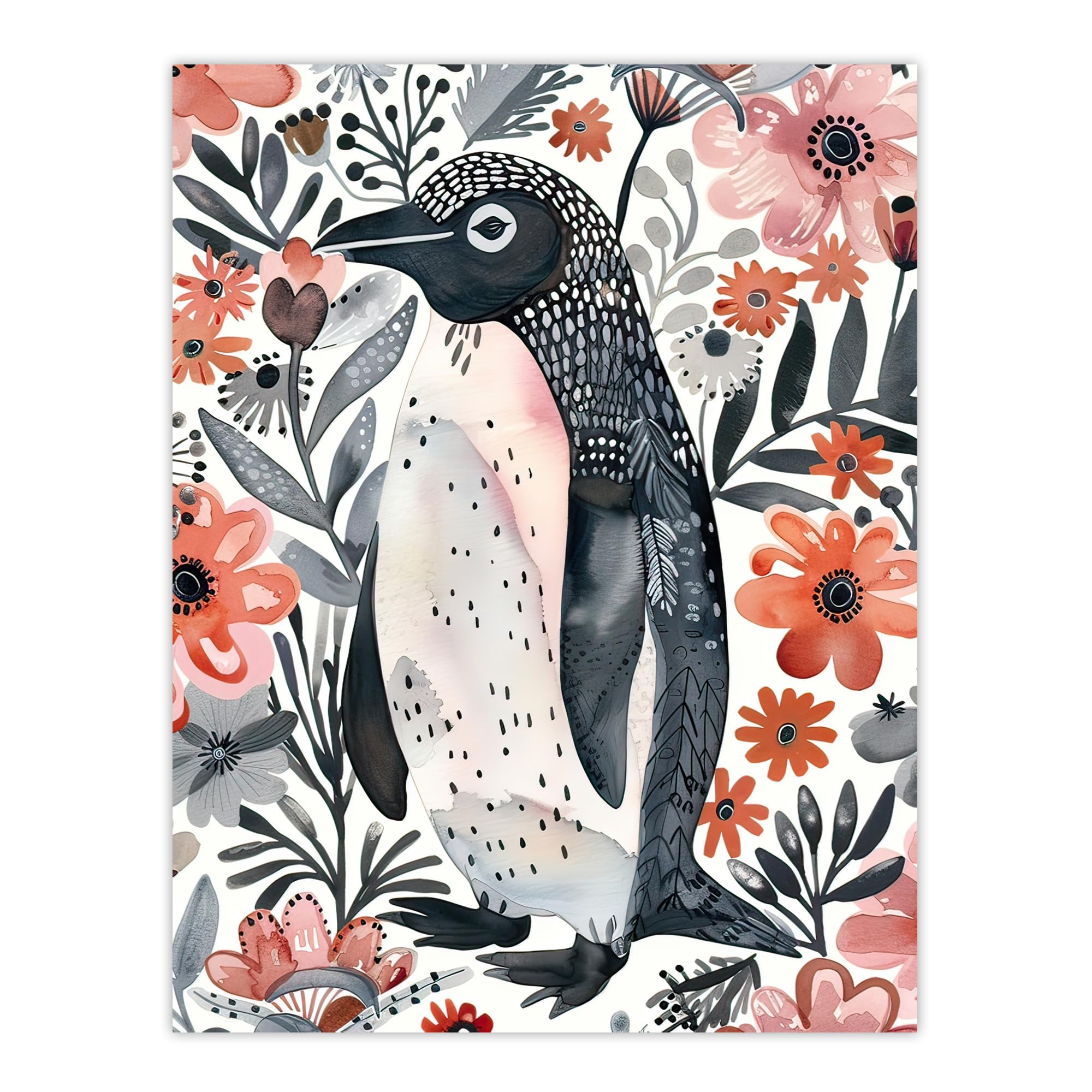 Artery8 Watercolour Penguin Pink Flowers Folk Art Print - W24 inch x H32 inch