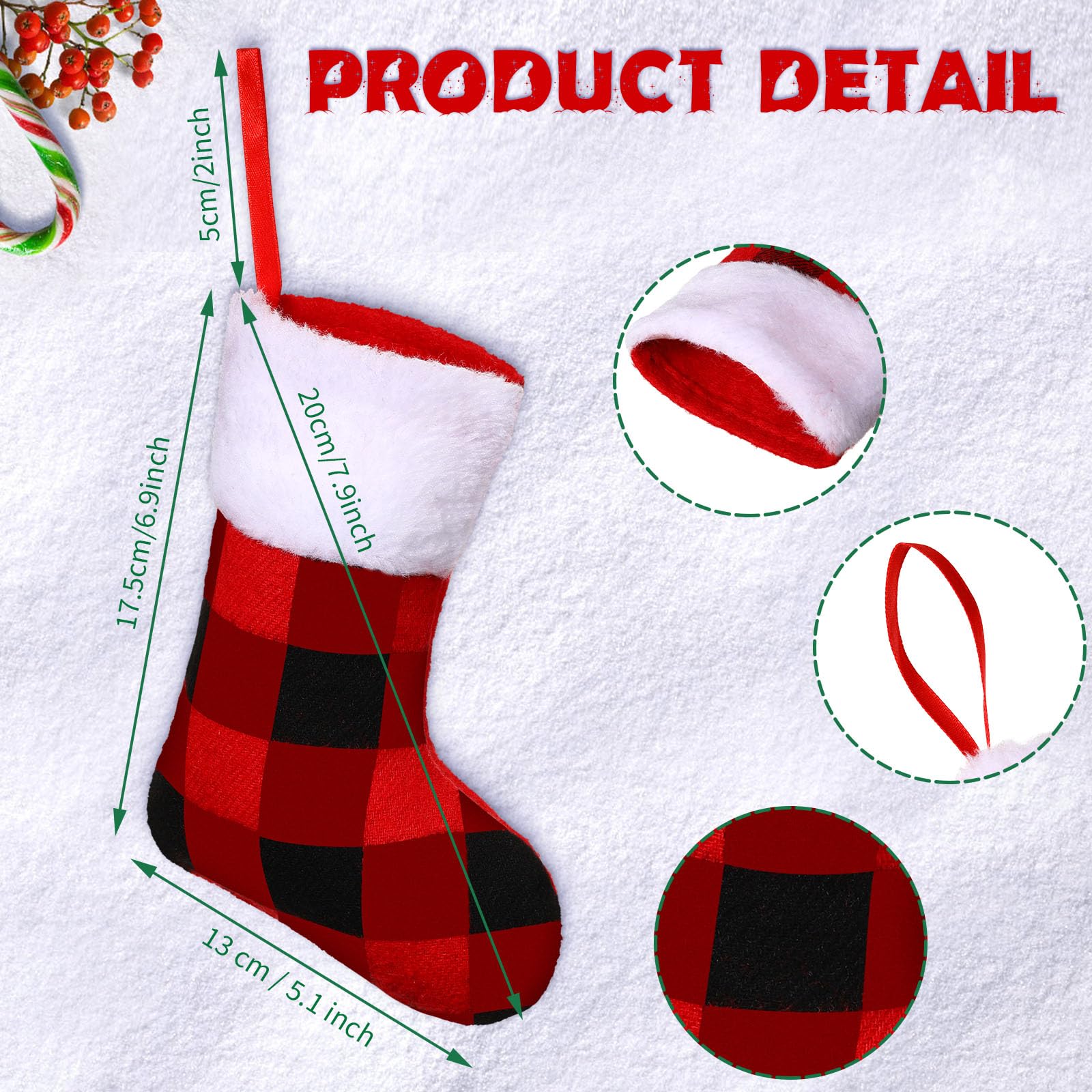 Lot de 24 chaussettes de Noël de 17,8 cm, mini chaussettes classiques à carreaux rouges et verts avec flocons de neige et poignets en polaire pour décoration de Noël familiale, décorations de Noël