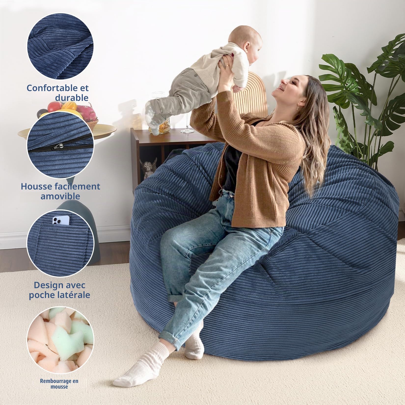 Géant Pouf Lit Convertible en Velours Côtelé,2 in 1 Canapé Paresseux Convertible lit,Rembourrage Mousse,Canapé lit Convertible/Chauffeuse 1 Place pour Salon/Chambre(190x135x25cm,Bleu)