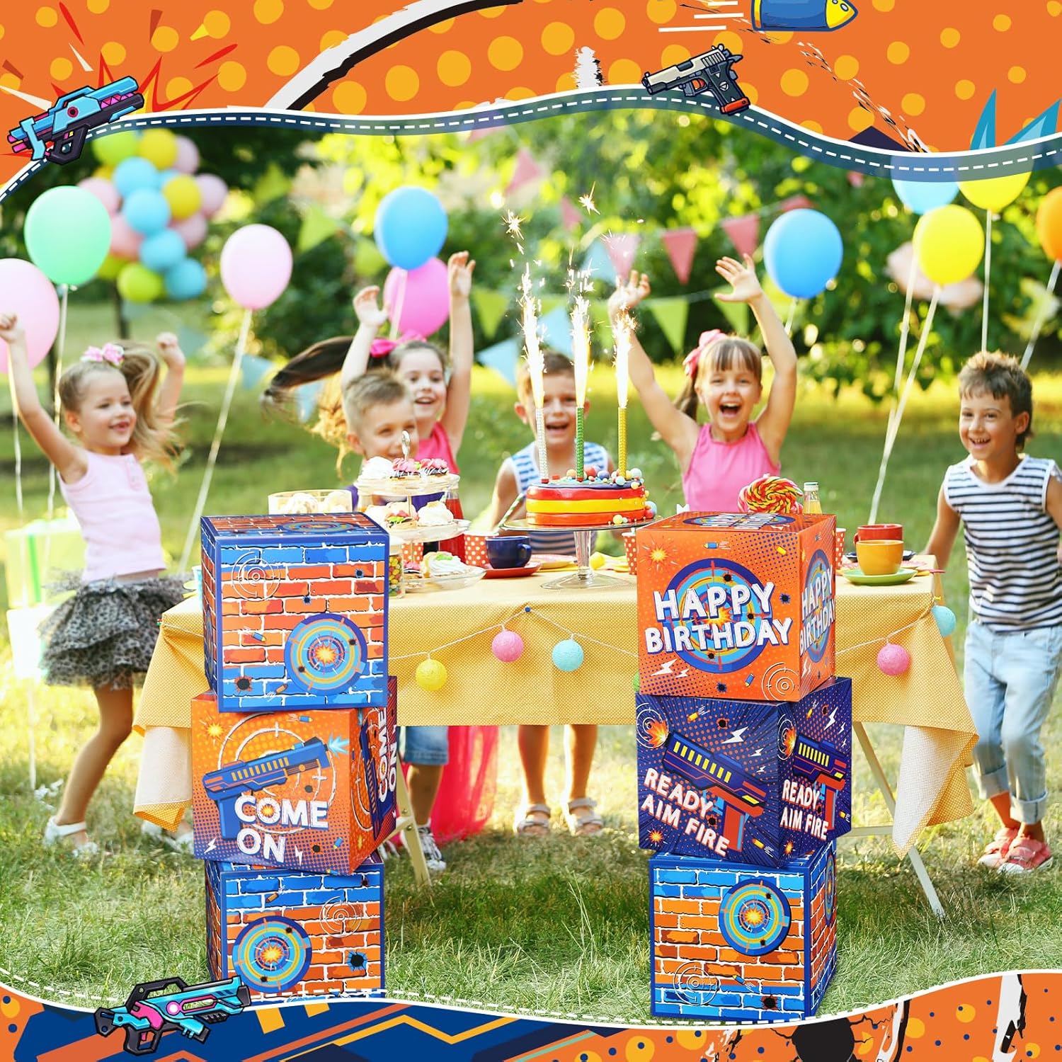 MotiMind 6 Pack Dart Battle Birthday Boxes 12 Inch Backdrop Birthday Party Decoration Dart Theme Party Photo Background