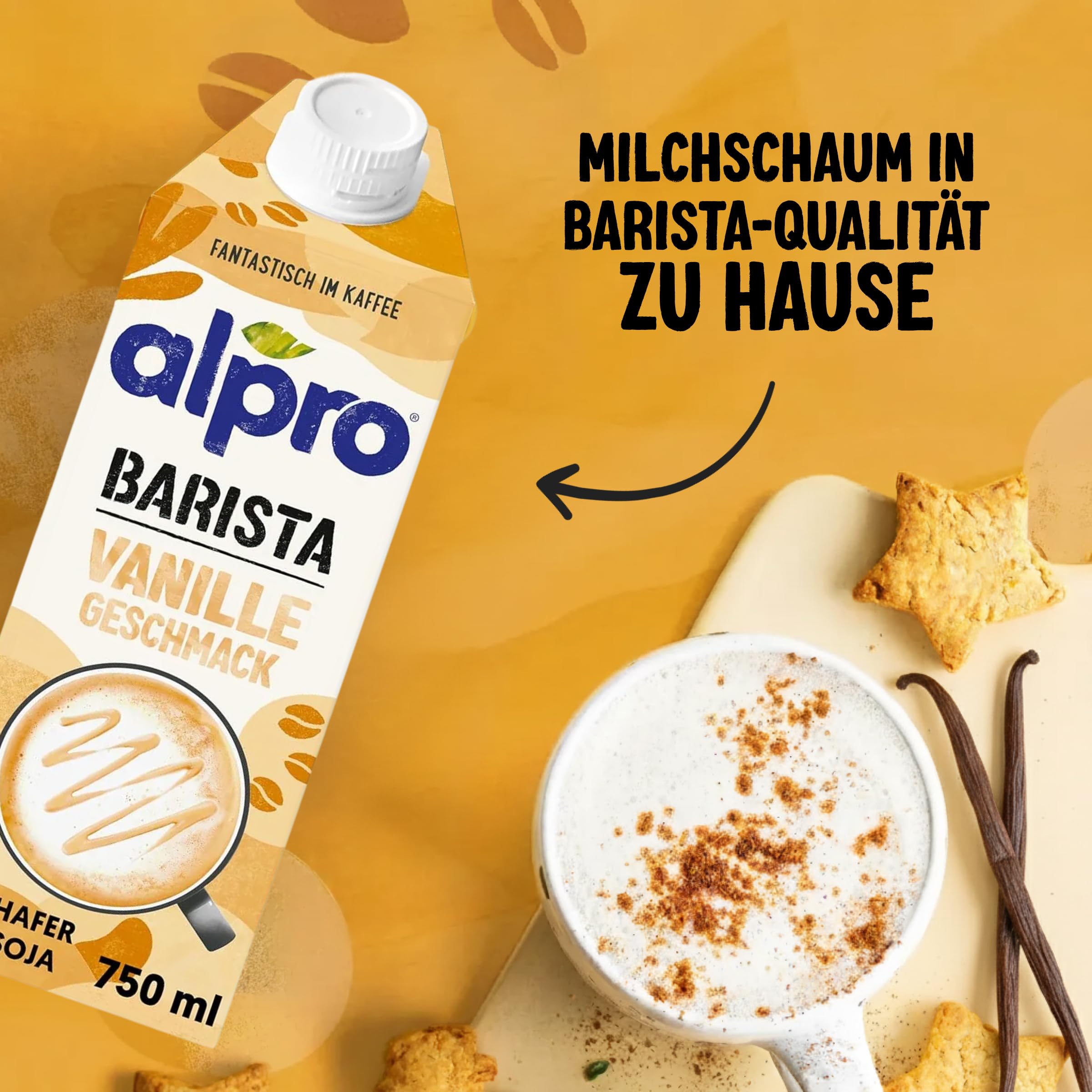 Alpro Barista Vanille – Zum Aufschäumen – Von Natur aus laktosefrei – Reich an Ballaststoffen, Calcium und Vitaminen – 8 x 750 ml – Haltbar