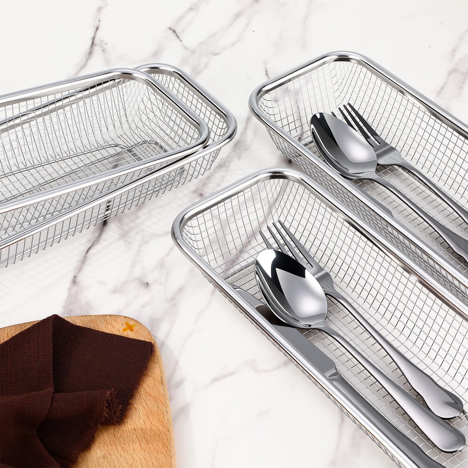 Paquete de 12 cestas de cubiertos de acero inoxidable de 12.1 x 4.9 x 2.2 pulgadas, organizador de cajones de cubiertos de cocina, apilable, cesta rectangular para utensilios para cuchillos