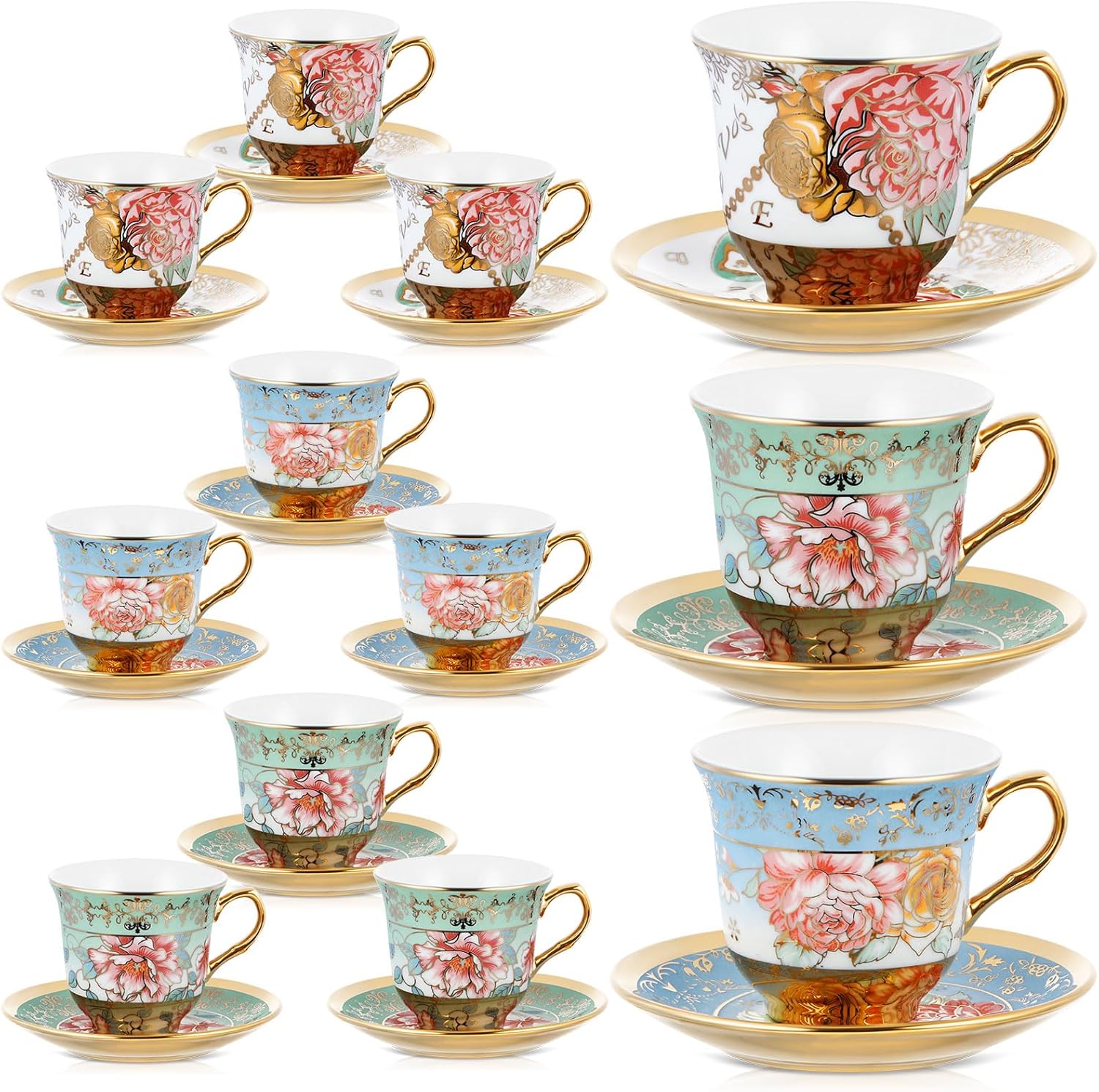 Set of 12 Tea Cups and Saucers Tea Party Decorations Floral Porcelain 5.4 oz British Gift for Women Birthday Party, Church, and Mother's Day (Classic Style) Classic Style 12
