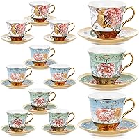 Teenyyou Set of 12 Floral Porcelain Tea Cups & Saucers 5.4oz Classic British Style - Tea Party Decor, Gifts for Women, Mother's Day