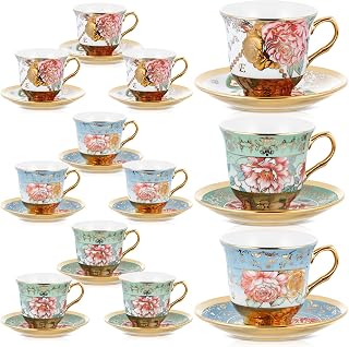 Teenyyou Set of 12 Floral Porcelain Tea Cups & Saucers 5.4oz Classic British Style - Tea Party Decor, Gifts for Women, Mother's Day