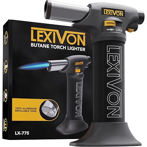 LEXIVON Butane Torch Lighter, Refillable Kitchen Cooking Torch | Self-Igniting with Safety Lock and Adjustable Flame | Pro-Grade Aluminum Tank (LX-775)