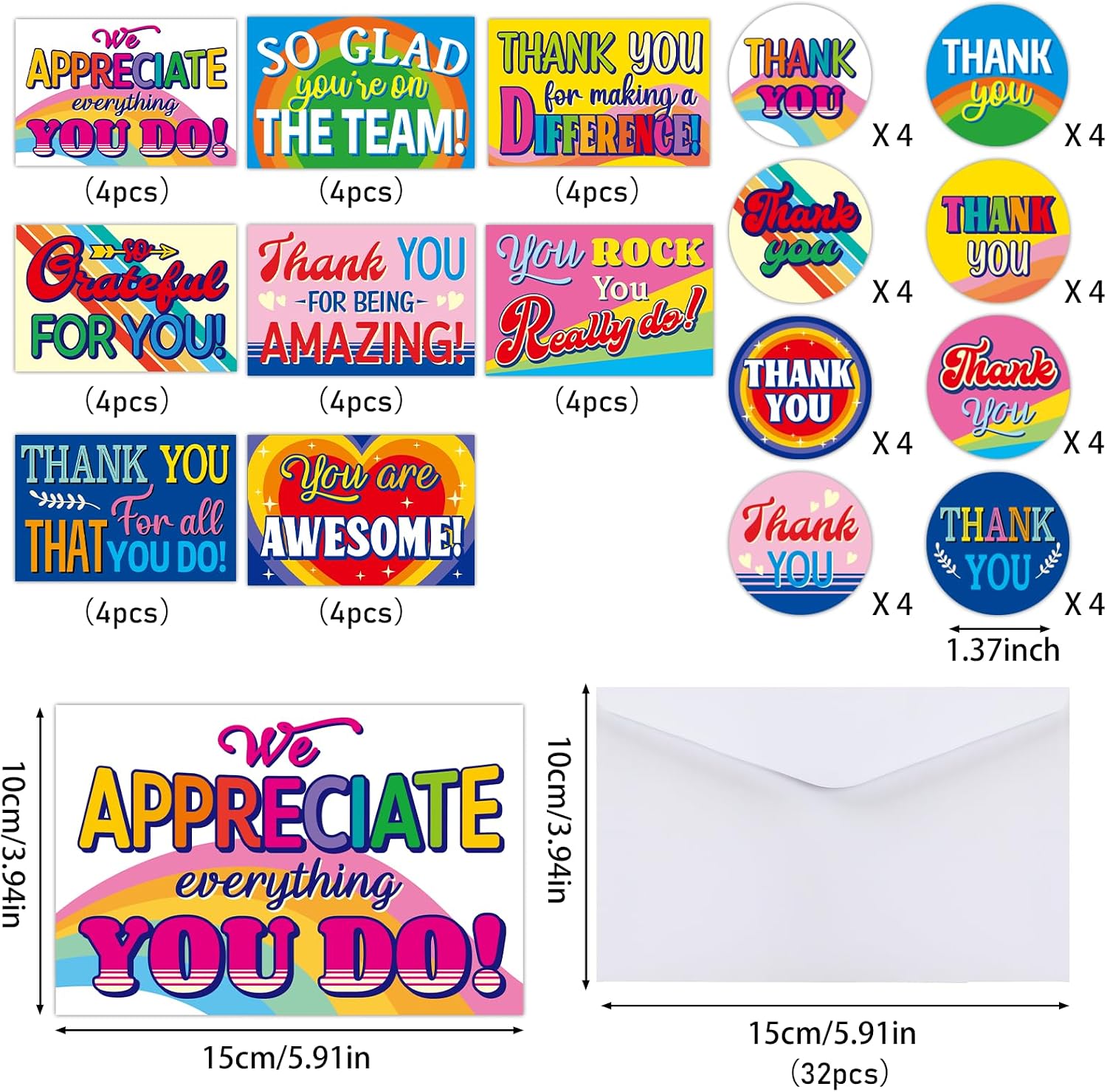ZOIIWA Employee Appreciation Cards with Envelopes - 32 Pieces, Colorful, Positive, You Are Awesome, Bulk Work Anniversary Cards