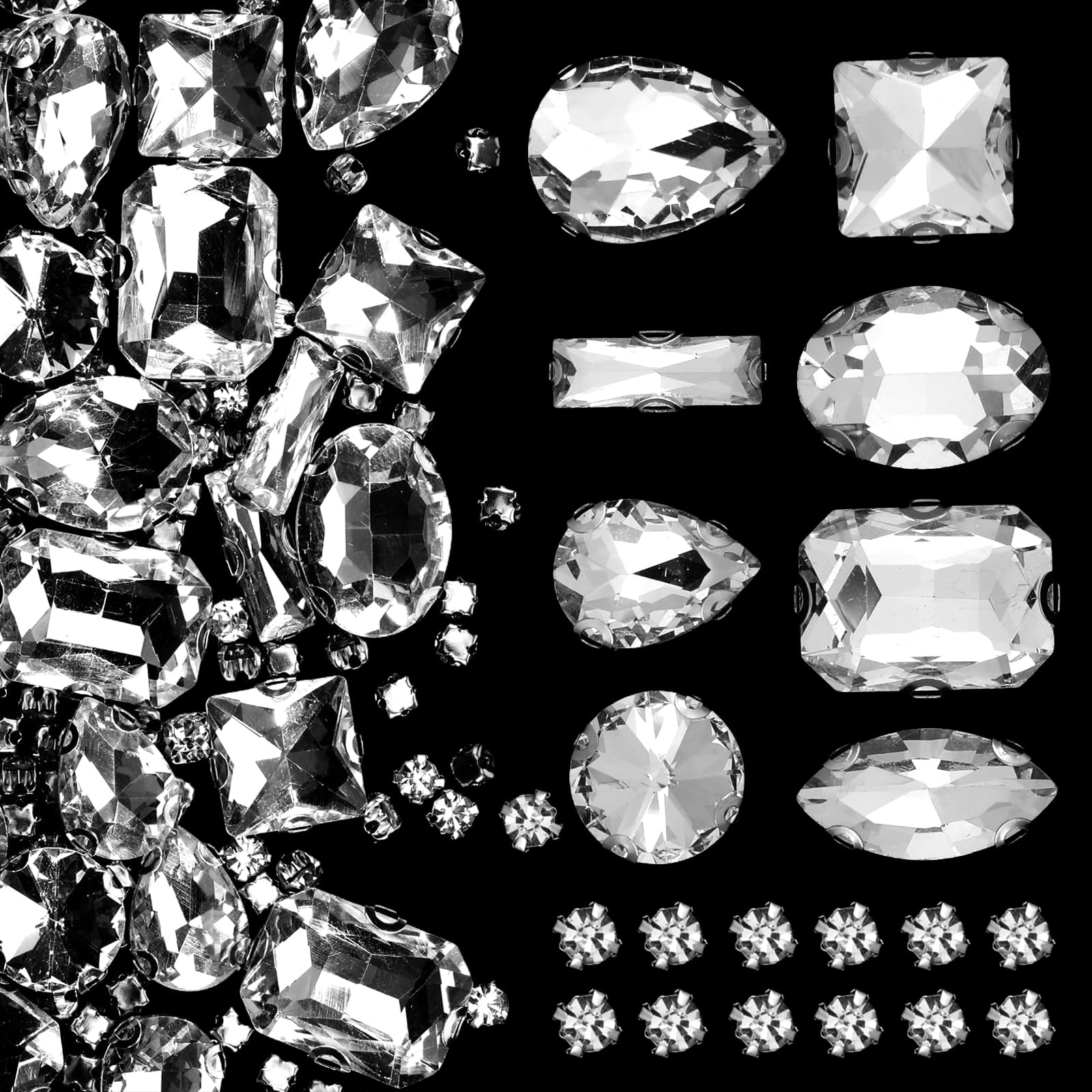 240 PCS Large Rhinestones Mixed Shapes – Clear Glass Crystal Gems with Metal Flatback Prong Setting – Sew On Rhinestones for Crafts, Dress Embellishments, DIY Shoes & Jewelry Making