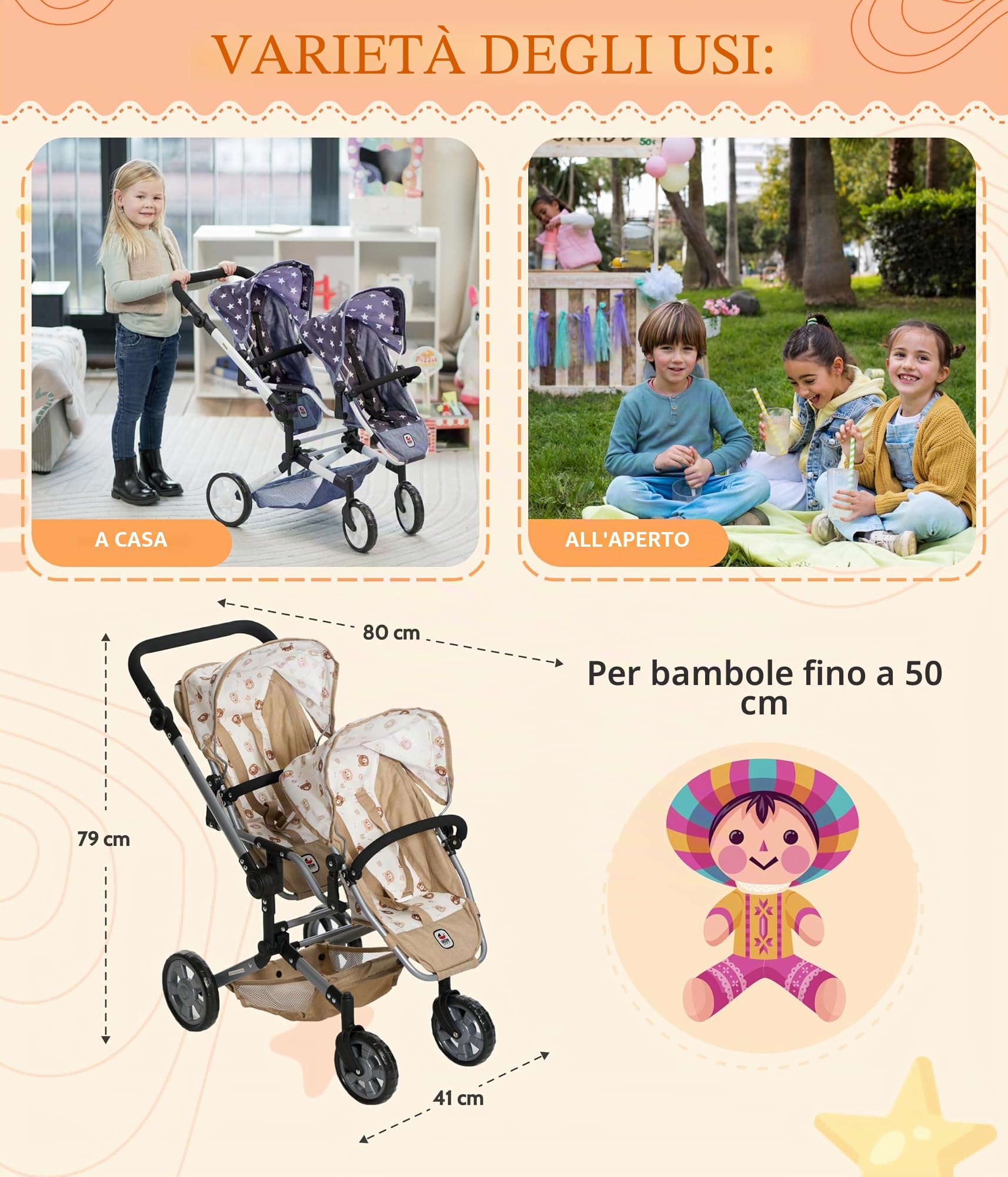 Bayer Chic 2000® Passeggino per bambole Linus Duo – Orsetto Beige – Passeggino pieghevole per bambole – Manico regolabile 50 – 82 cm – Bambole fino a 50 cm – 4 – 8 J