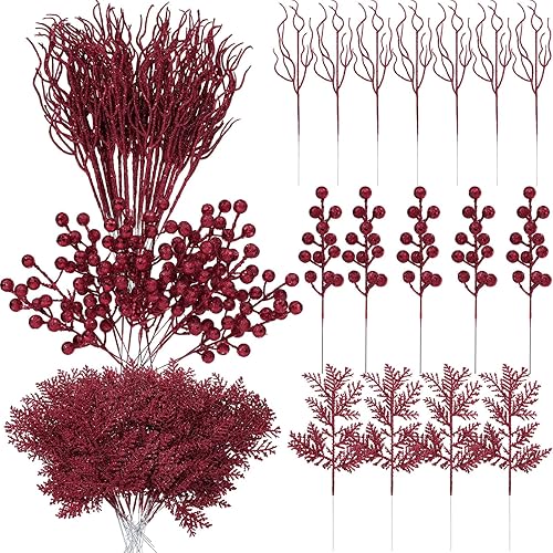Miniatura 7 de Craftsatin 75 ramas con purpurina de Navidad, 3 estilos, púas artificiales de Navidad, bayas, tallos de pino, ramas florales en aerosol para adornos