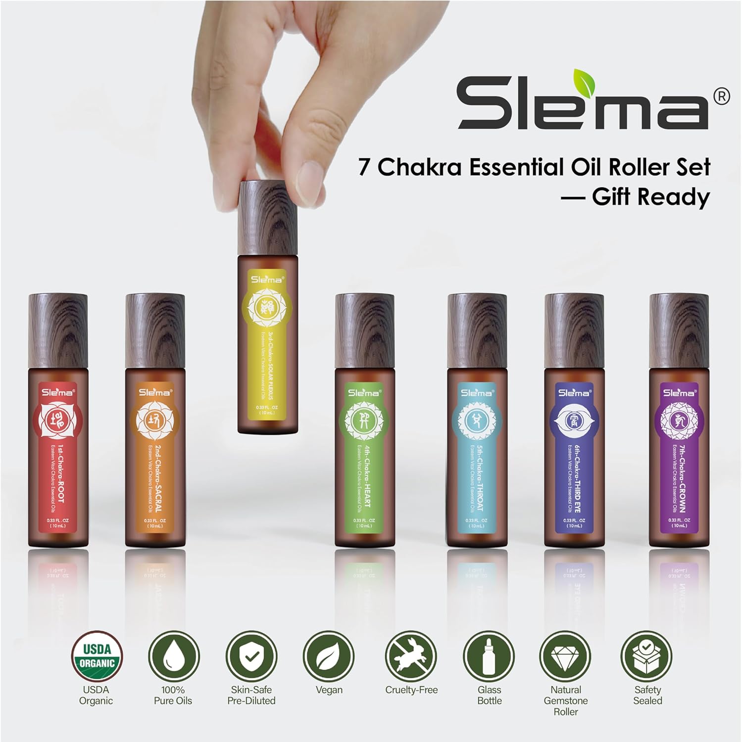 Slema 7 Chakra Essential Oil Roll-On Gift Se – 7 x 10ml Crystal & Jade Rollerballs for Mindfulness, Relaxation & Daily Self Care Rituals (7 x 10ml-Essential Oil Roller Sets)