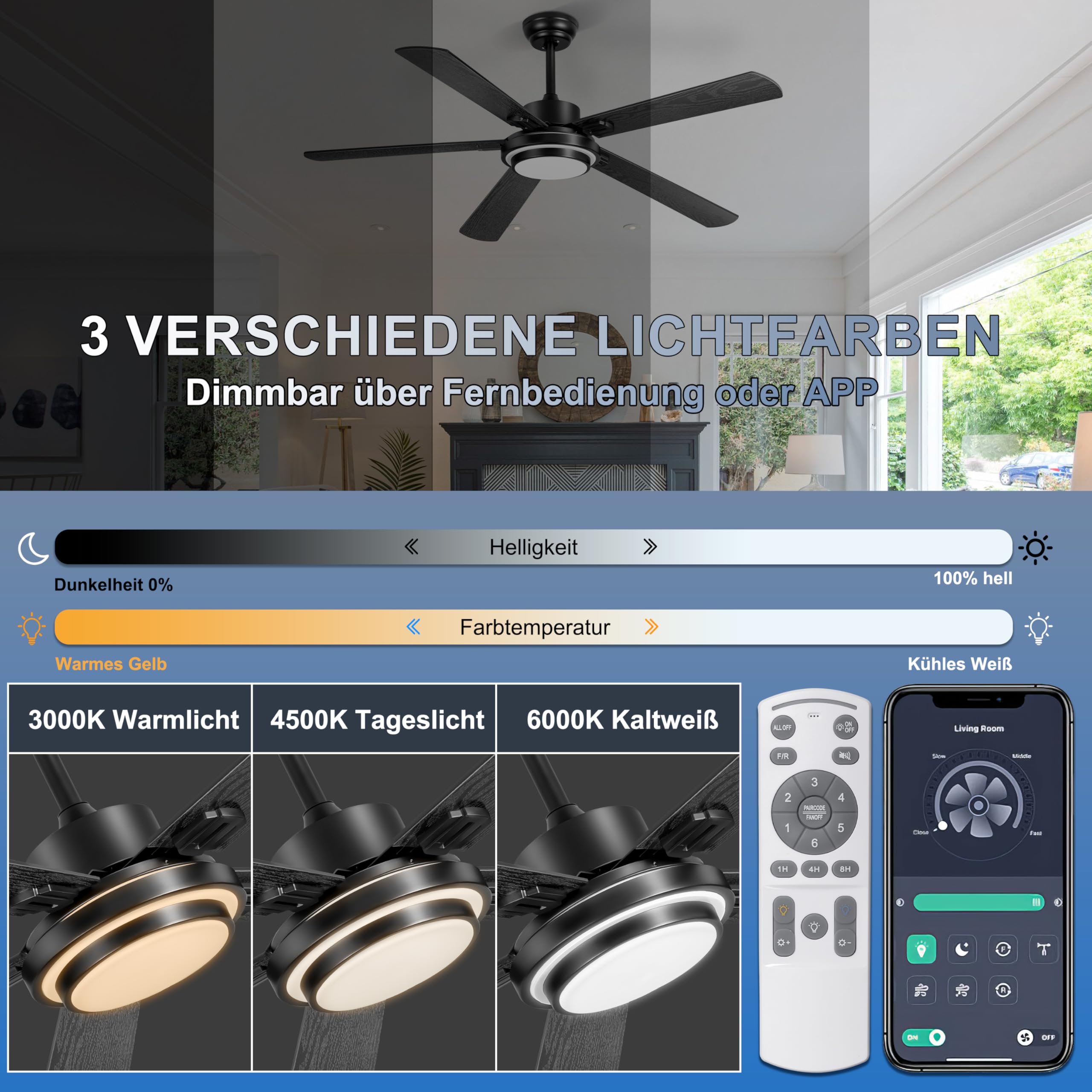 Ohniyou 52 Zoll (132cm) Deckenventilator mit Beleuchtung und Fernbedienung, App-Steuerung, Dimmbar, Umkehrbar, Leiser DC-Motor, Schwarzer Innen-/Außen-Deckenventilatoren für Schlafzimmer Terrasse