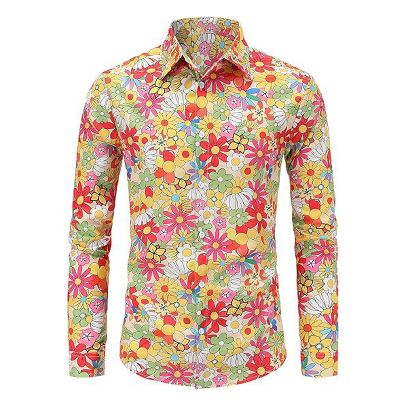 Hawaiian Shirts for Men, 60s 70s 80s Fancy Dress Men, Hawaiian Shirts for Men Retro Casual Button Down Shirt Shirts Printed Long Sleeve Disco Holiday Yellow XL
