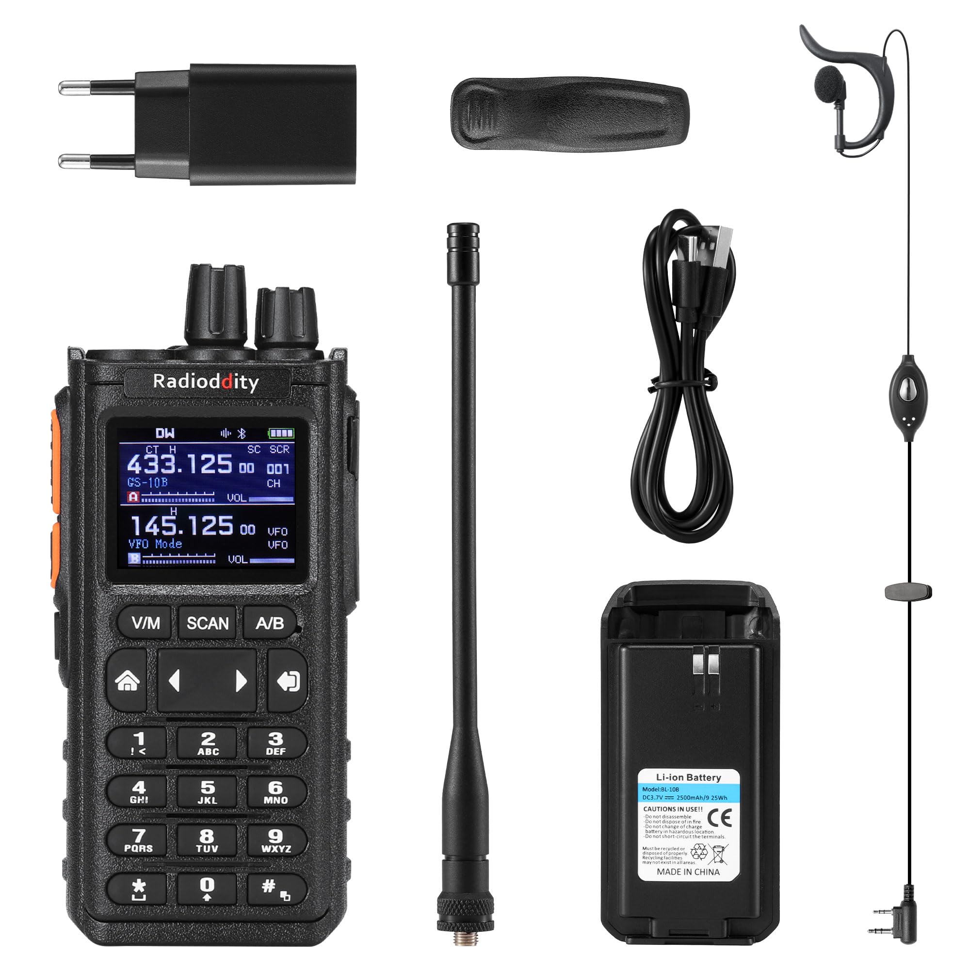 Radioddity GS-10B Radio 8W, Radio Bidirectionnelle Longue Portée avec Programmation APP sans Fil, UHF/VHF/FM Aviation, Double PTT, Batterie 2500mAh & USB-C, Réduction du Bruit, Synchro des Canaux