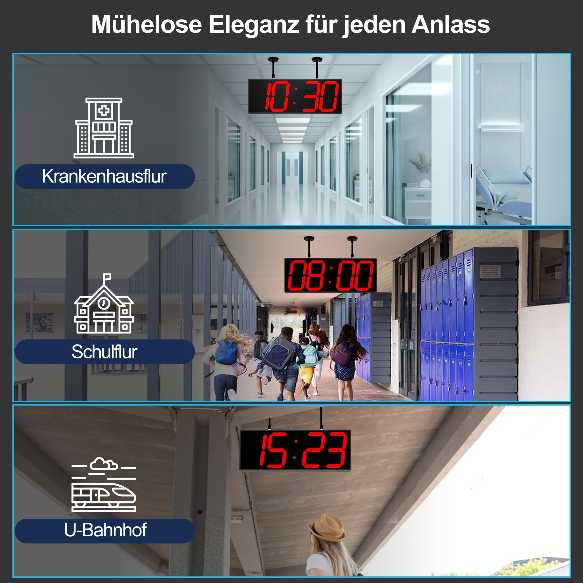 CHKOSDA Dwustronny cyfrowy zegar ścienny, 48 cm, do montażu wiszącego, zegar przemysłowy z pilotem zdalnego sterowania, 16 alarmów, odporny na wysokie temperatury, duże cyfry do magazynu, fabryki