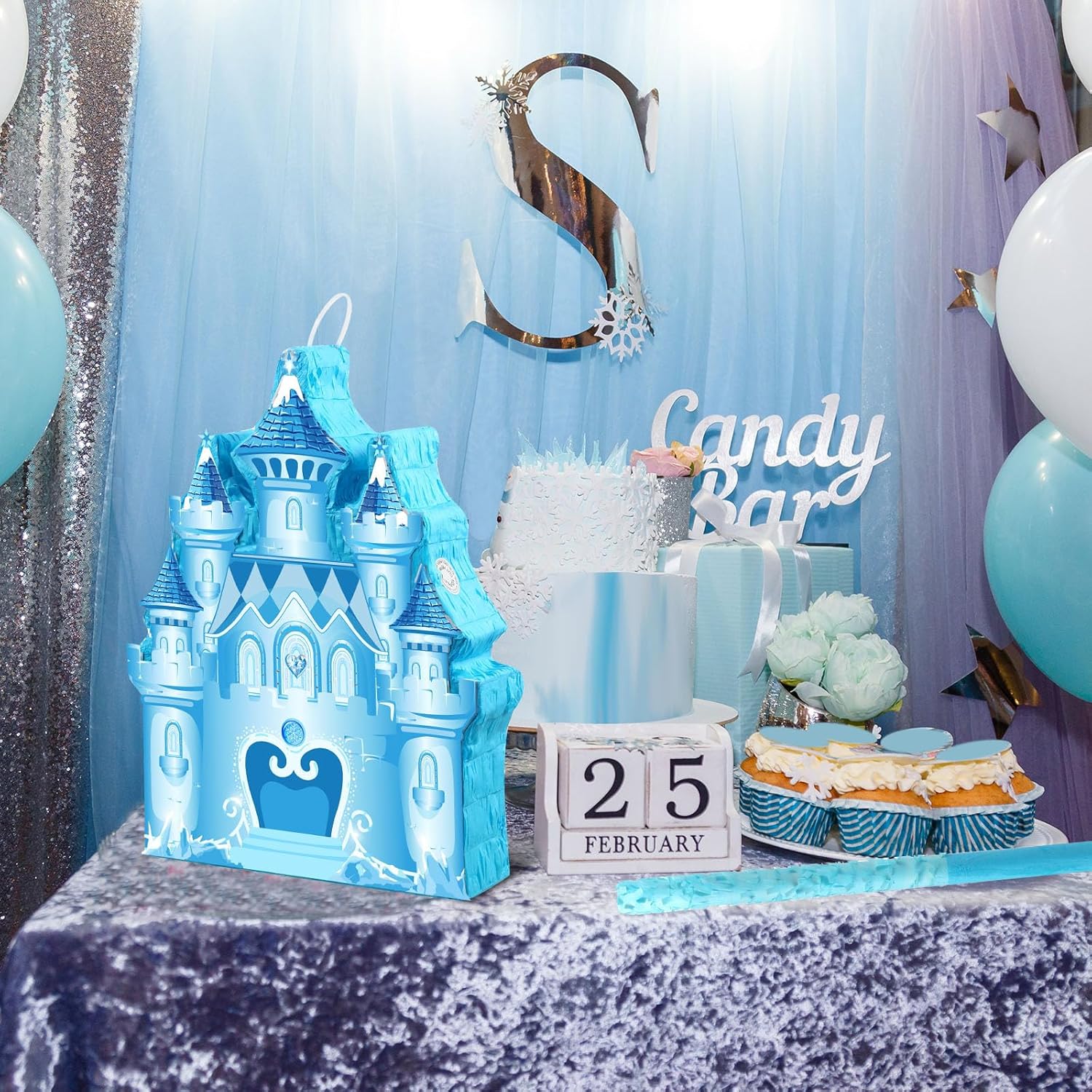 Winter Piñata Wonderland Themed Piñata with Blindfold Bat for Winter Princess Birthday Party Christmas Theme Supplies Decorations(Blue,Castle)