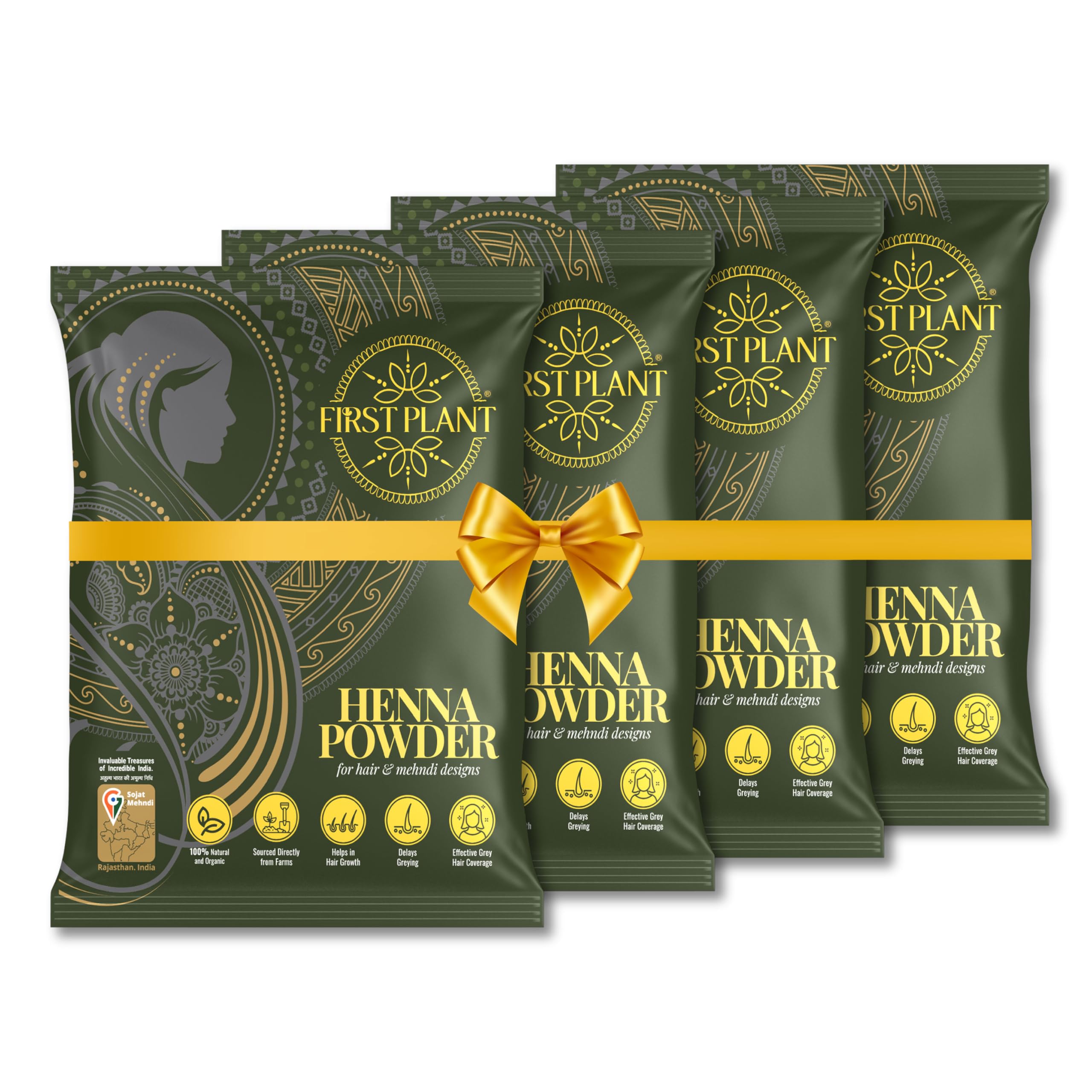 Premium Rajasthani HENNA POWDER, 100% ORGANIC Henna with GI Tag for Hair Colour and Hair Care (Pack of 4 x 200g)