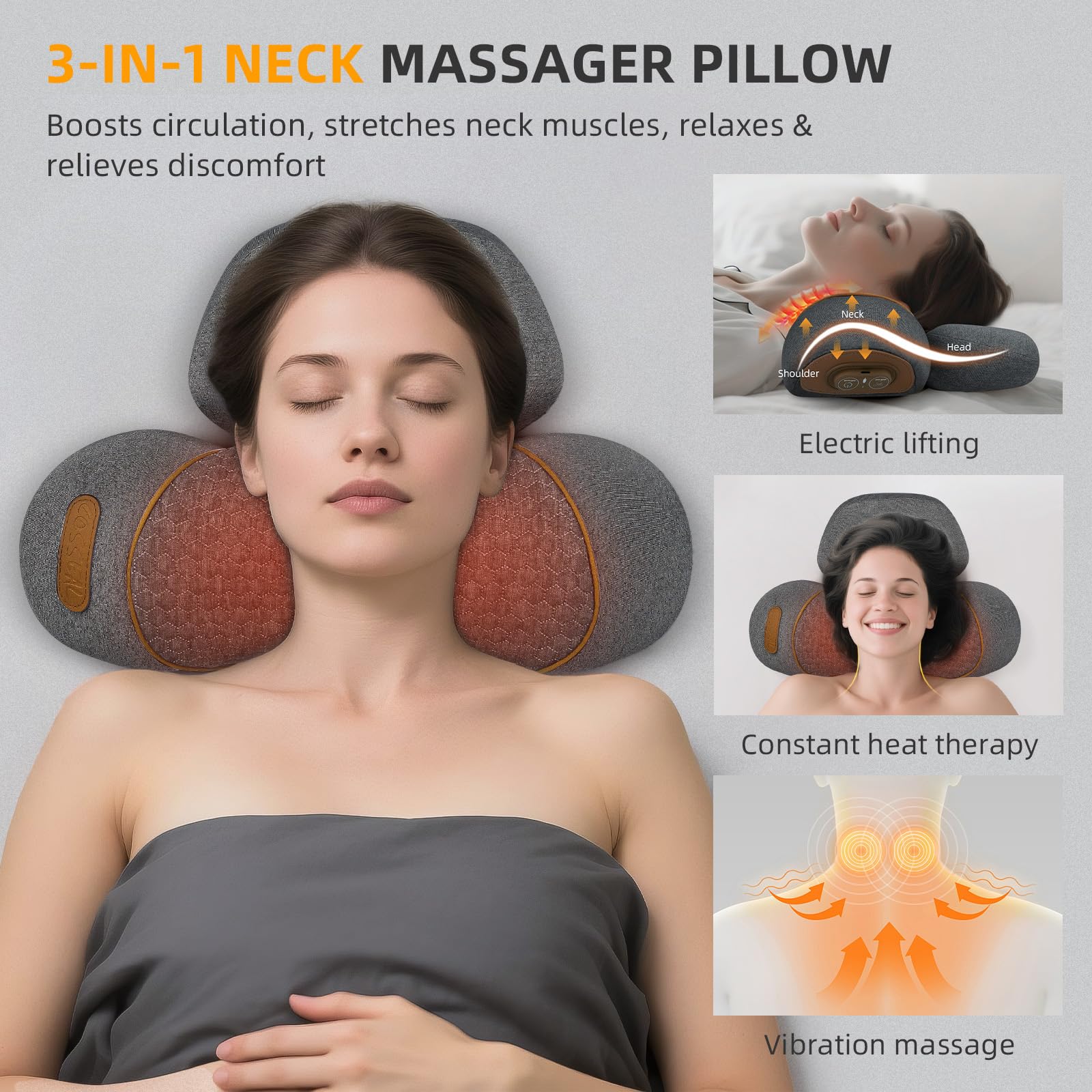 3-in-1 Nackenmassagegerät Kissen mit Wärme & Traktion, Tiefengewebe Zervikale Traktionsgerät für Nacken-Buckel-Korrektor, Schulter- & Oberer Rücken Schmerzlinderung, Entspannende TheraPillow