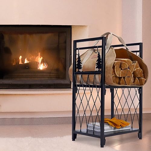 Miniatura 13 de Bolsa de lona encerada con asas, soporte de leña resistente, accesorios para estufa de leña para campamento, barbacoa, interior y exterior Marrón