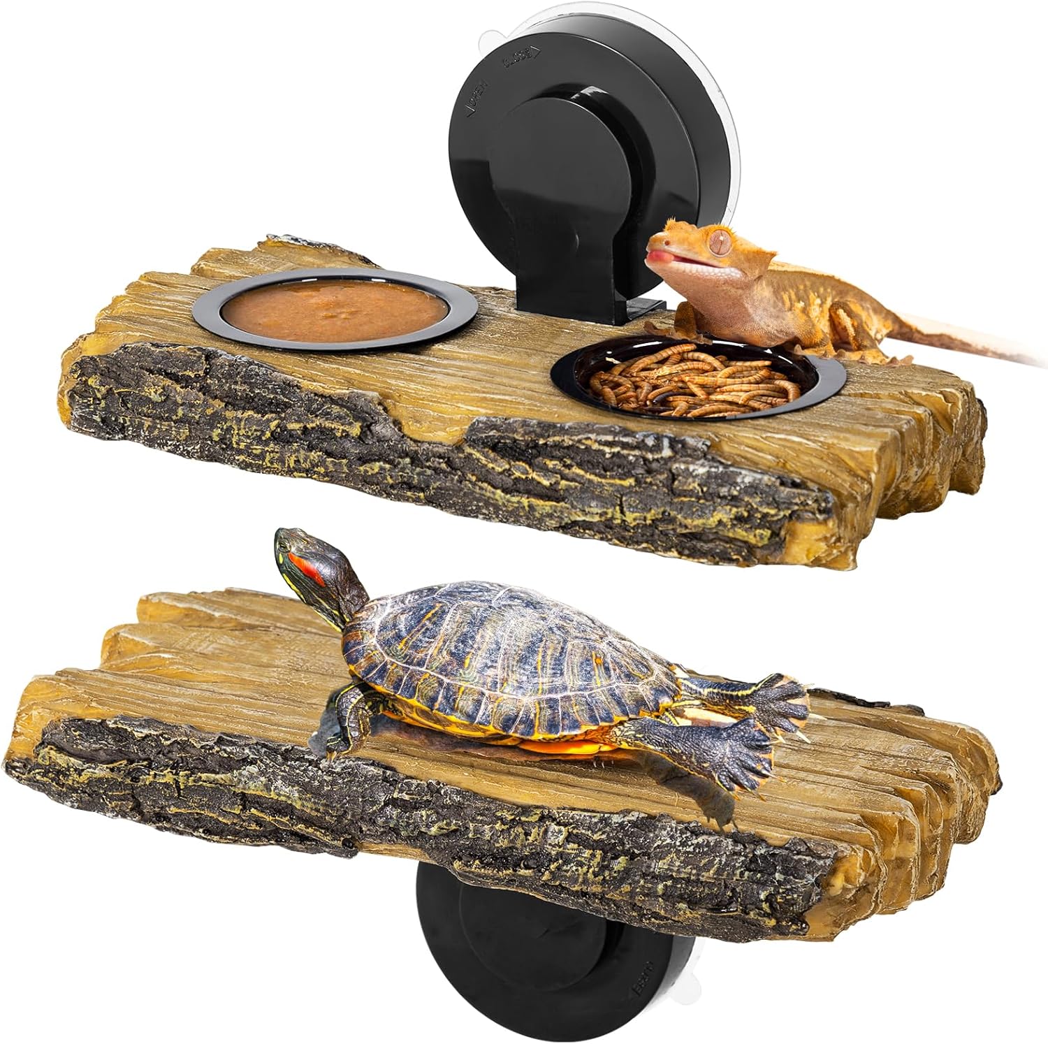 2 in 1 Reptile Feeding Ledge & Turtle Basking Platform, Resin Suction Cup Feeder with 4PCS Cups, Terrarium Water Bowl Food Dish – Tank Accessories for Crested Gecko Lizards & Aquatic Turtles
