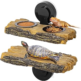 2 in 1 Reptile Feeding Ledge & Turtle Basking Platform, Resin Suction Cup Feeder with 4PCS Cups, Terrarium Water Bowl Food Dish - Tank Accessories for Crested Gecko Lizards & Aquatic Turtles