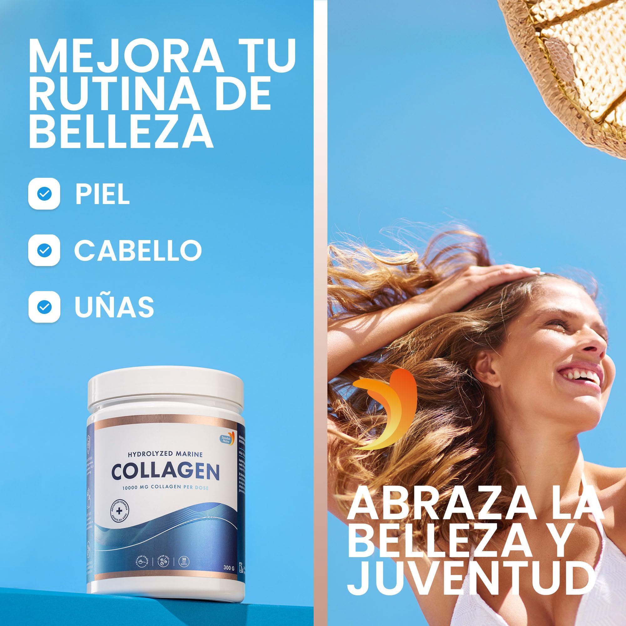 Swedish Nutra - Suplemento polvo colágeno marino hidrolizado 10 000 mg - 2 x 300 g (600 g total) suministro 60 días Péptido puro cabello piel uñas articulaciones Sin saborizantes Sin azúcar