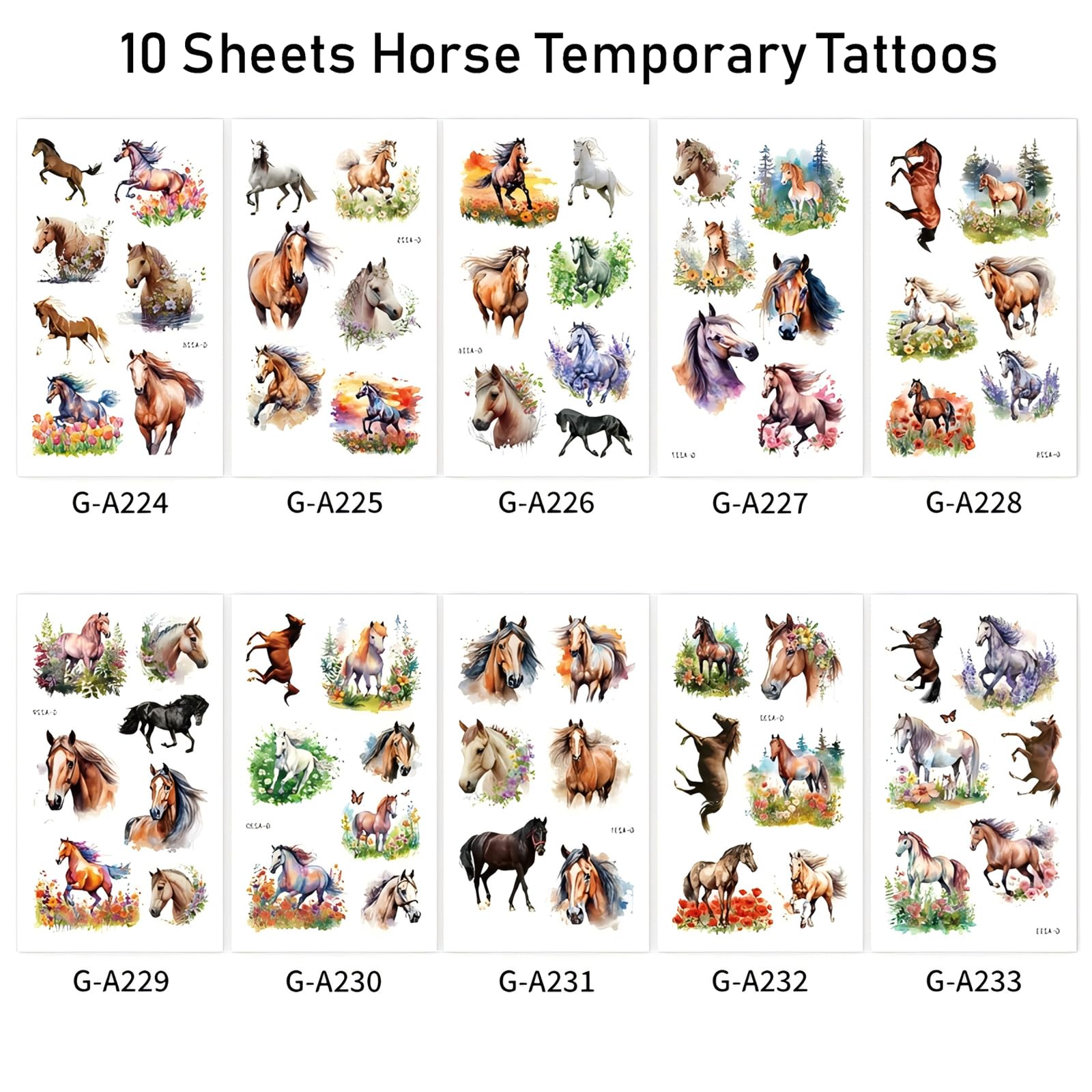 10 Sheets Horse Temporary Tattoos, Horse Party Favors Supplies Birthday Decorations Tattoo Stickers for Kids Boys Girls Gifts Goodie Bags Fillers Prizes Rewards