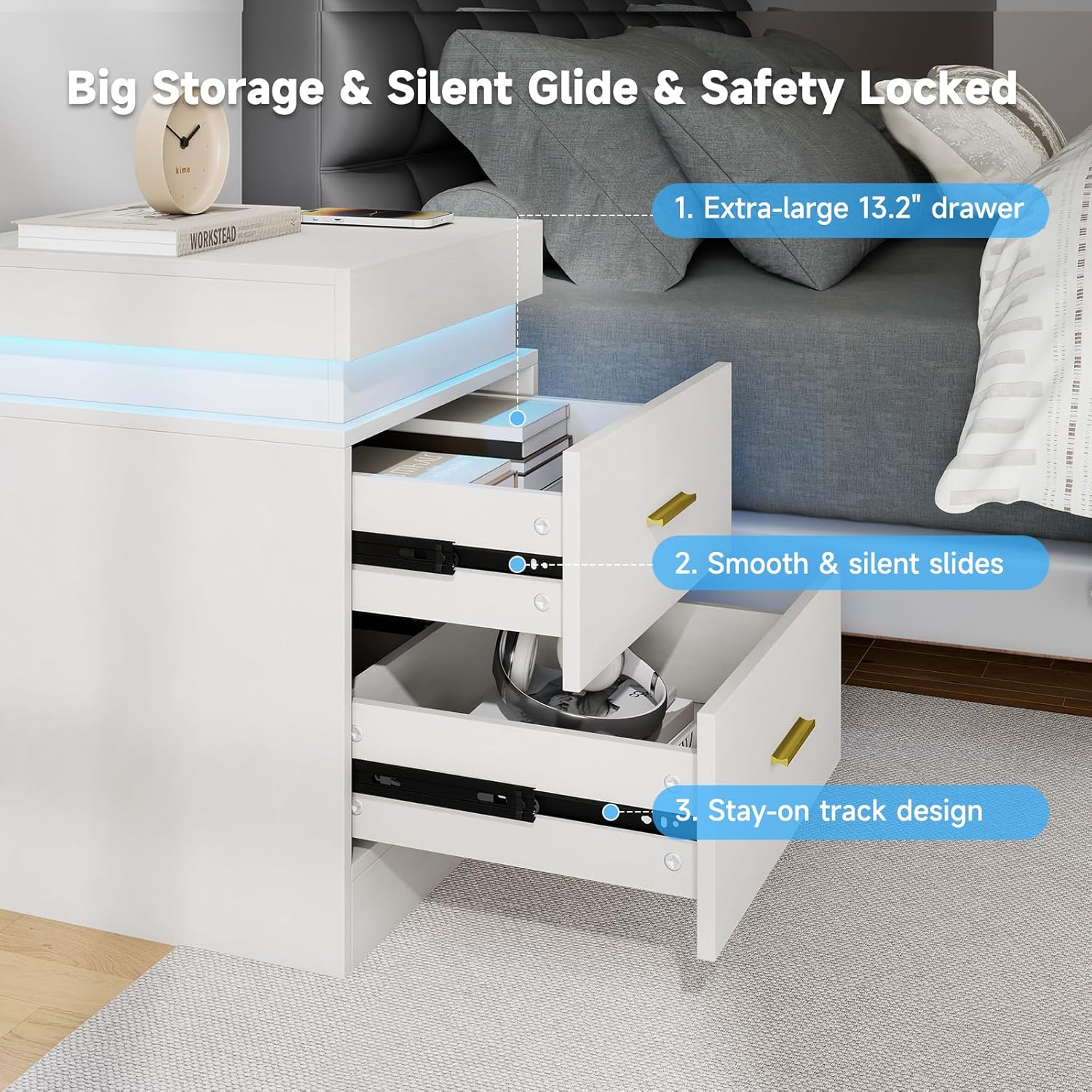 Nightstand with Charging Station & LED Lights, 18'' Wide Modern Night Stand with Sliding Top, Side Table with 2 Drawers, Bedside Table End Table with Storage for Bedroom, Living Room