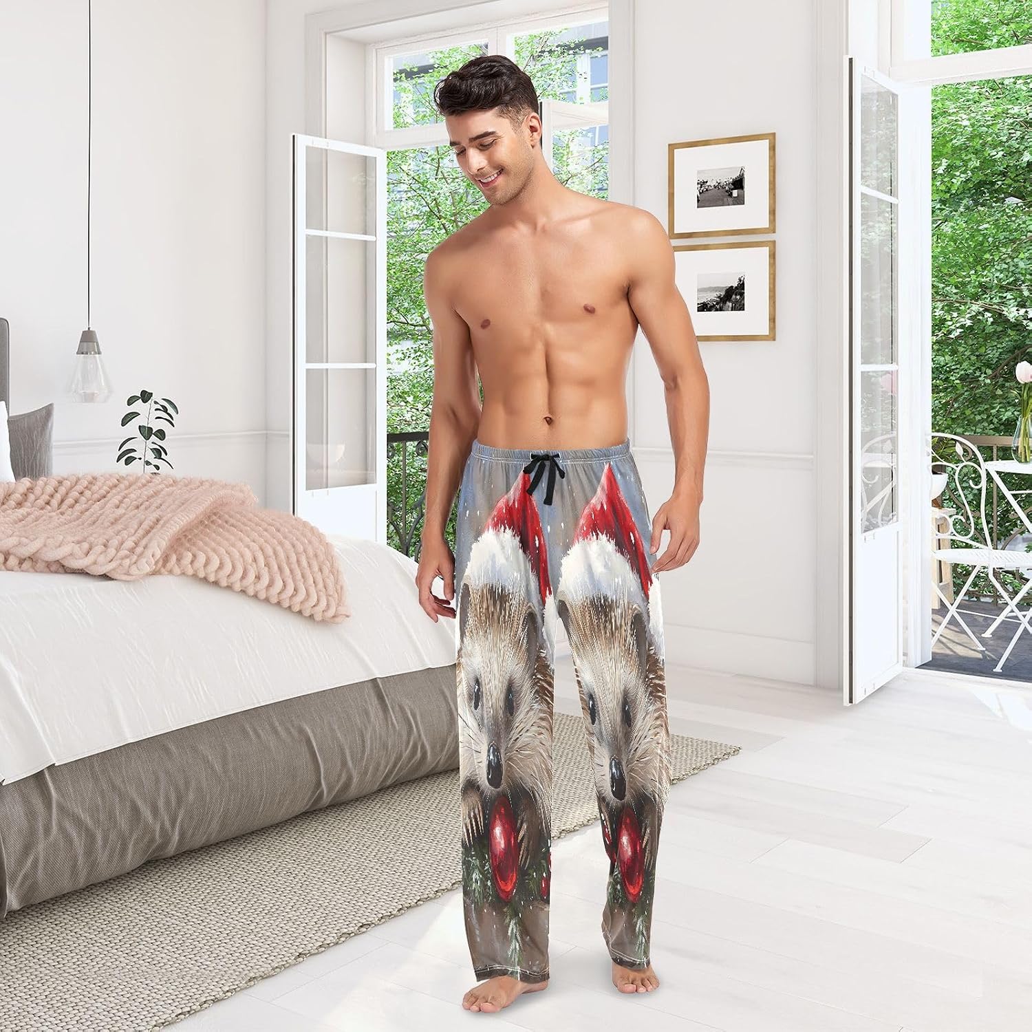 ALAZA Christmas Hedgehog Men's Pajama Pants Men Cotton Pajama Bottoms with Pockets, S