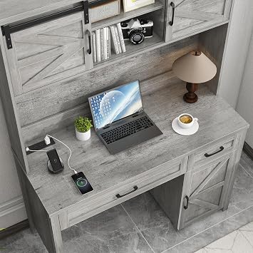 Vabches Farmhouse 47 Home Office Desk with Hutch, Workstation, Grey | Executive Desk, Computer Desk, 2 Drawers, LED Light, Storage Cabinet, Charging Hub, Workstation for Home Office and Study