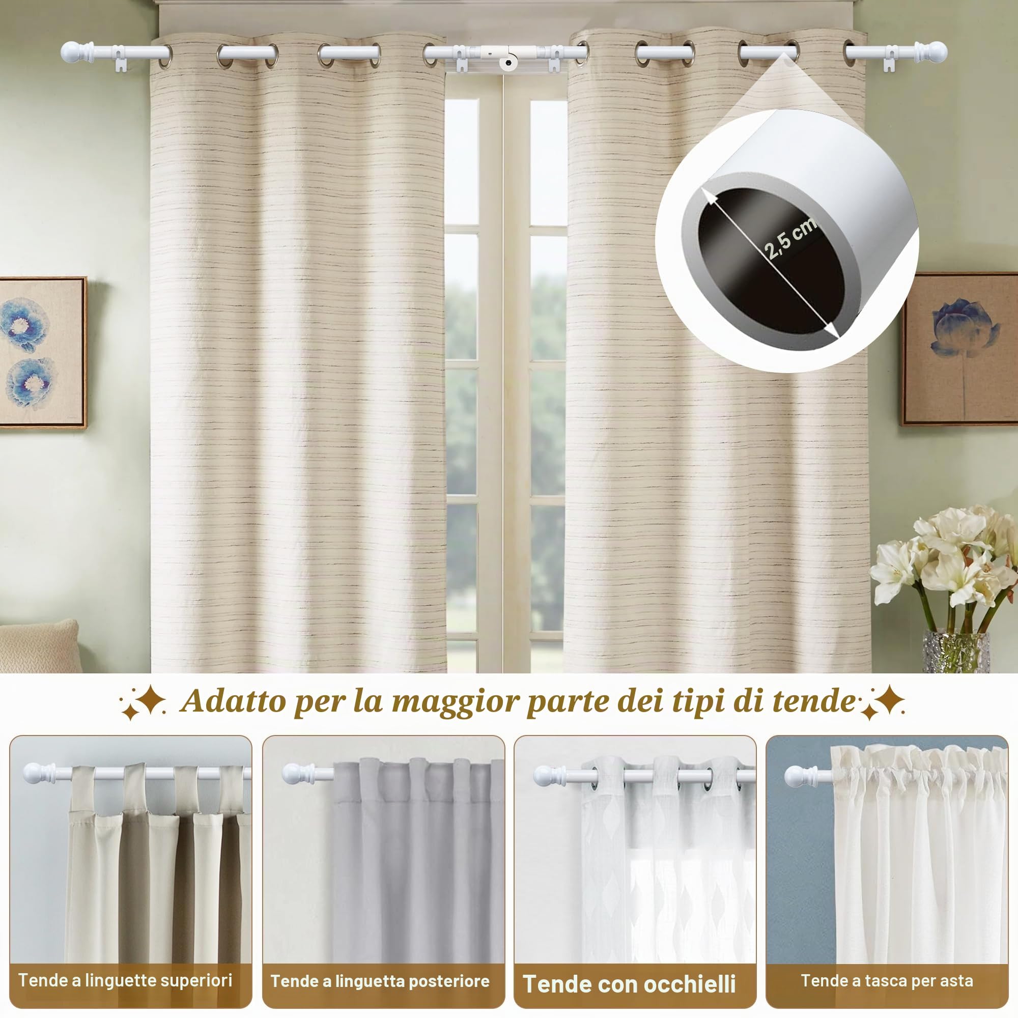 Bastone per tenda angolare in acciaio bianco, 76-345 cm, regolabile, da parete, finitura liscia e lucida