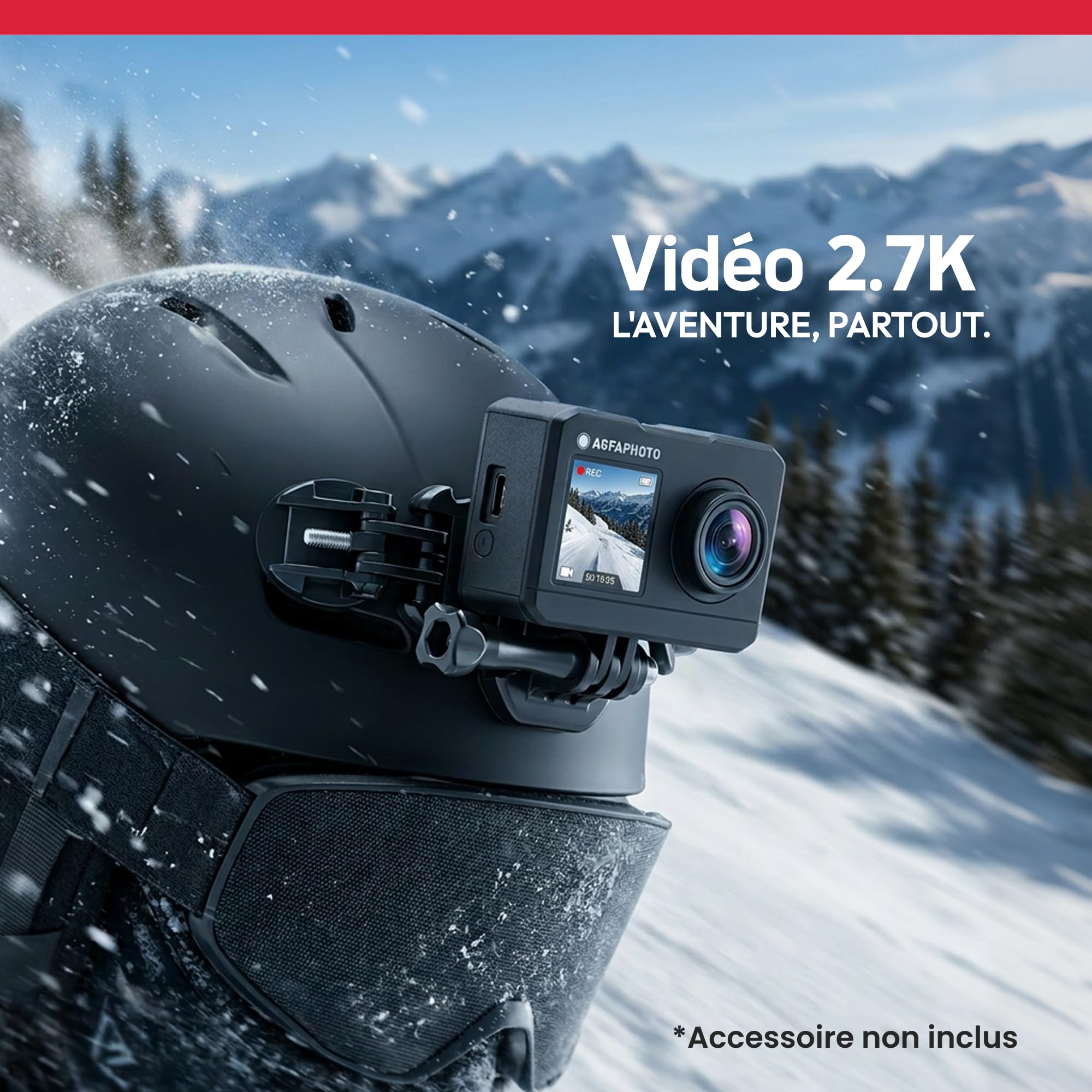 AGFAPHOTO - Caméra de Sport - AC7000 - True 2.7K 30FPS, Double Écran Tactiles, Grand Angle 120°, Boitier étanche 30m - WiFi - 10 Accessoires Inclus | Provenance France. Emballage securisé. Livré avec Facture dont TVA.