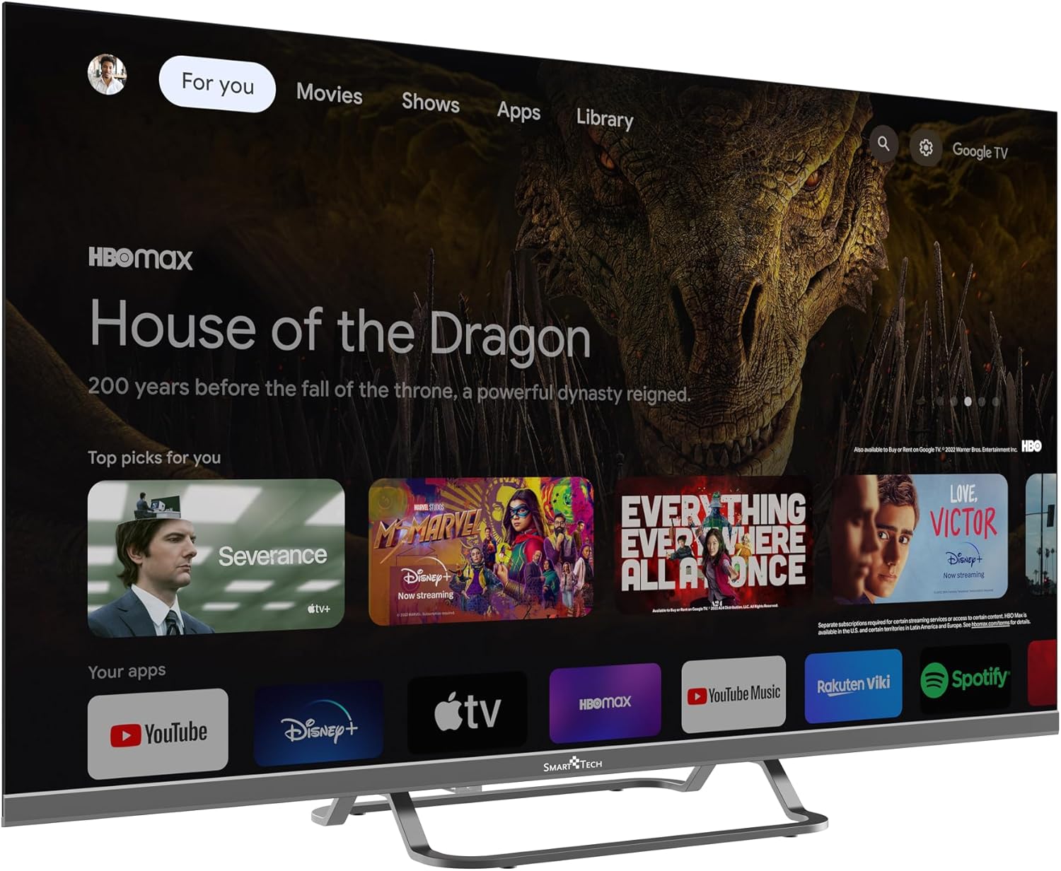 Google TV interface showing recommended content and apps.