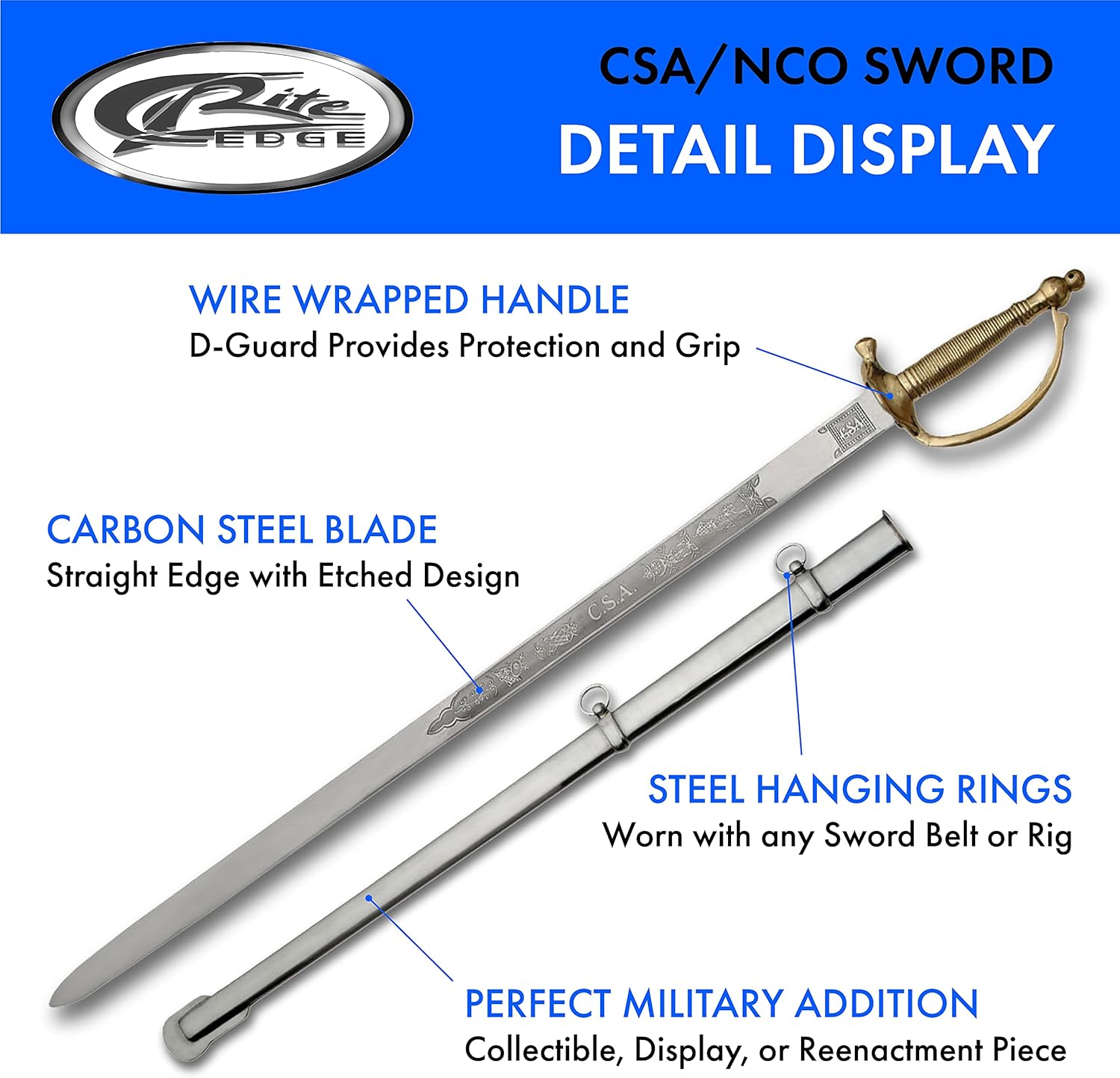 SZCO Supplies 37" Carbon Steel CSA/NCO Sword with Brass Guard and Pommel & Wire-Wrapped Handle – Real Swords for Adults, Military Ceremonial Sword with Metal Scabbard