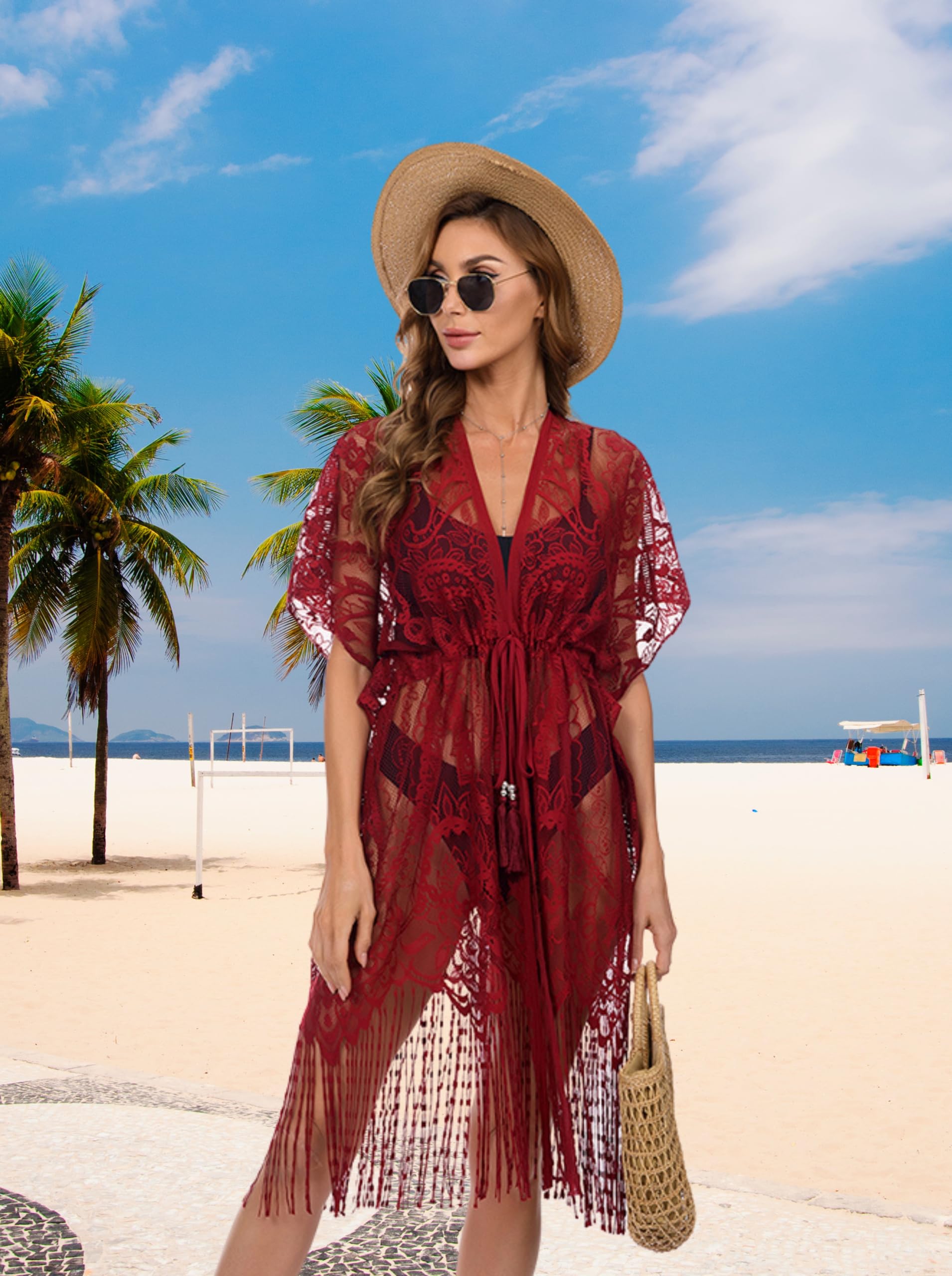Copricostume da bagno da donna, a maniche corte, in rete, lungo, floreale, da spiaggia, kimono, cardigan estivo