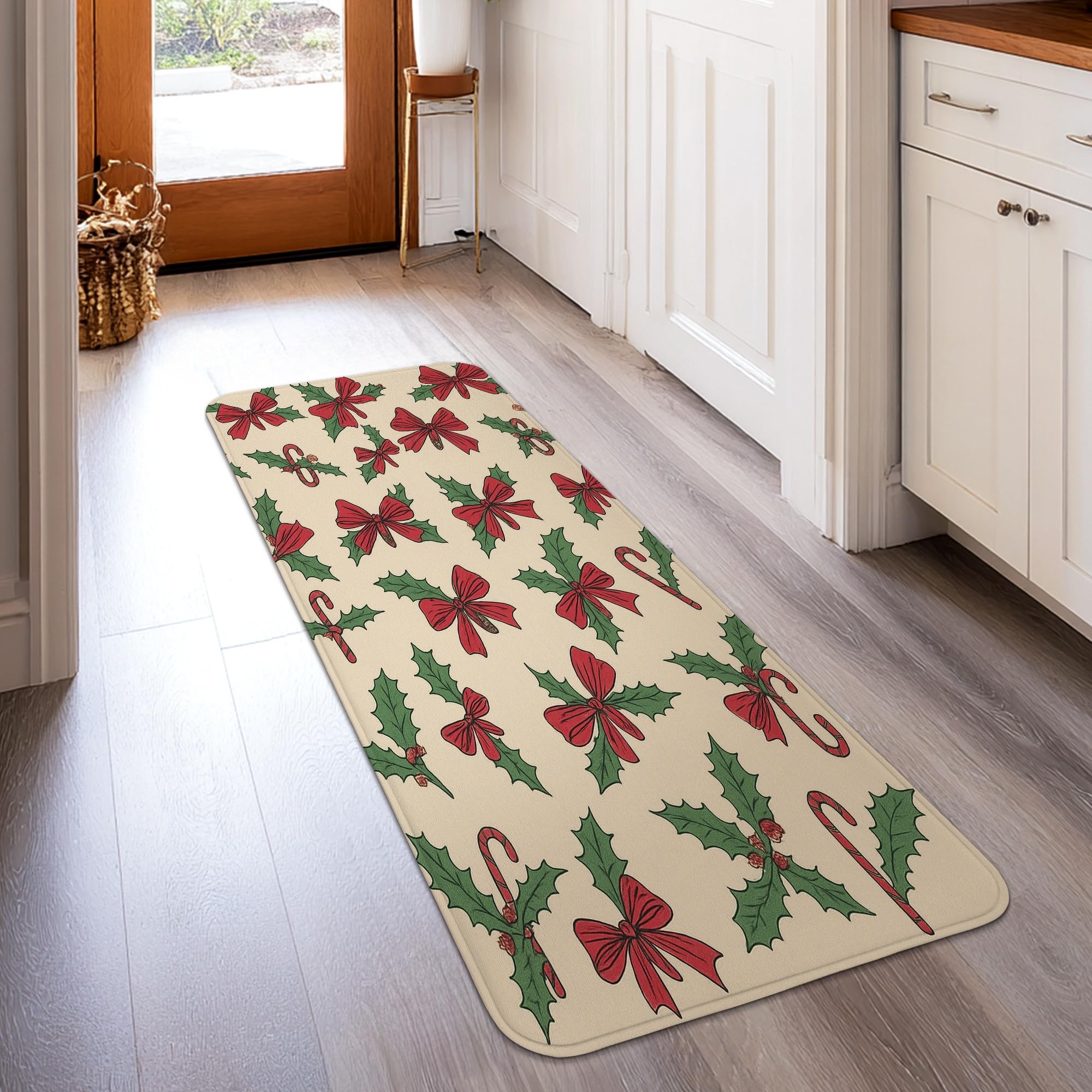 Tapis de couloir antidérapant rouge 0,6x1,5m à motifs houx pour cuisine