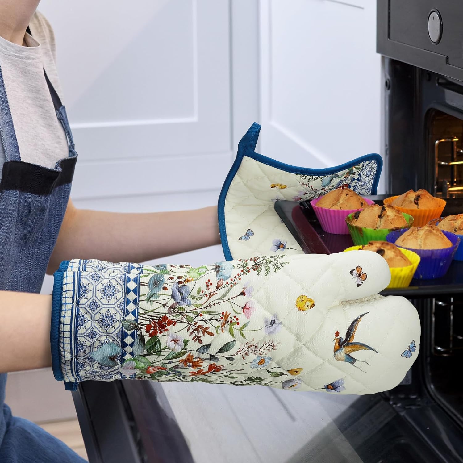 Retro Wildflowers Oven Mitts and Pot Holders Sets 100% Cotton Heat Resistant, Extra Long Oven Gloves Potholder for Kitchen Cooking Baking Housewarming - Image 6