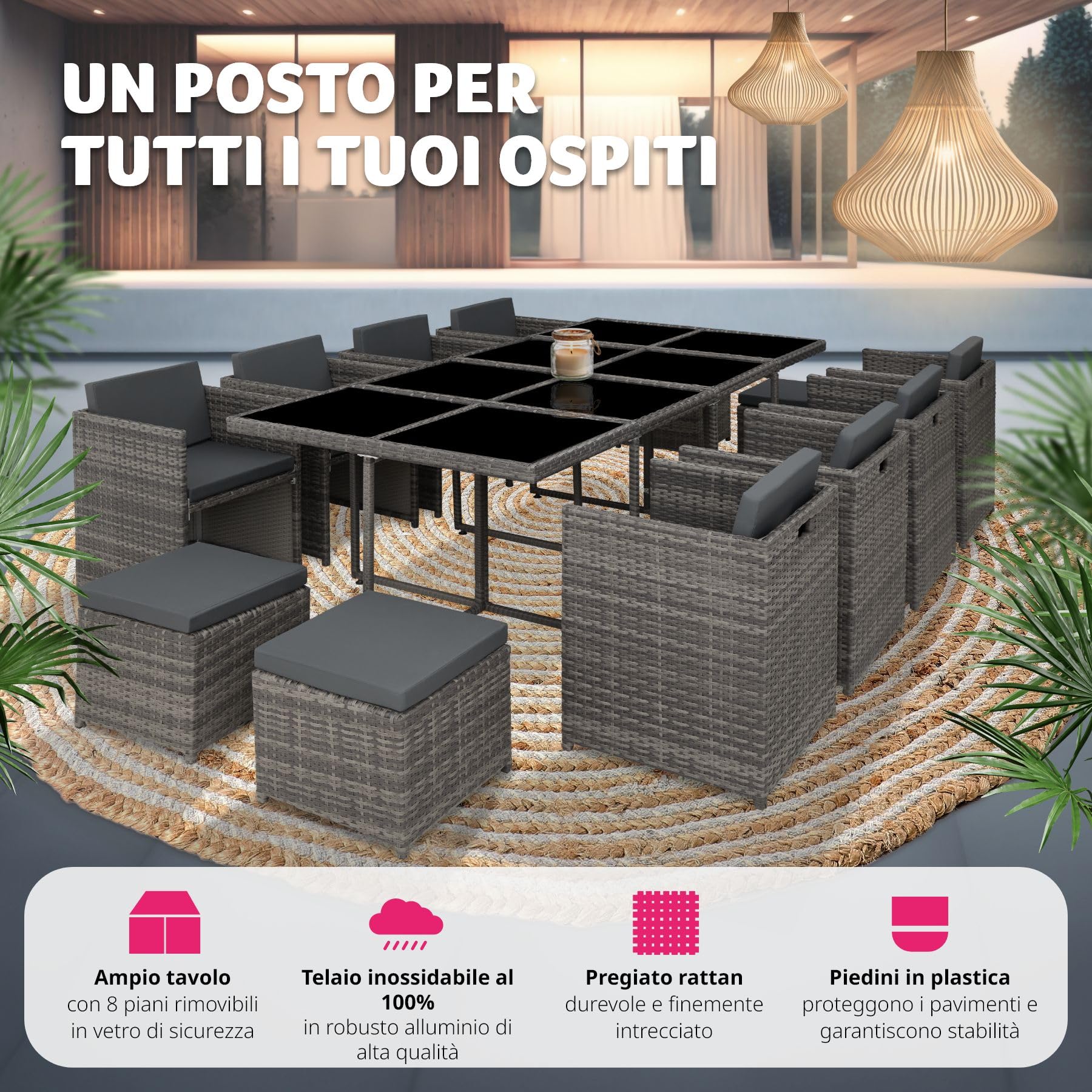 Tectake Set Mobili da Giardino in Poli Rattan 8 Sedie 1 Tavolo 4 Sgabelli Rivestimenti Rimovibili Idrorepellenti Grigio