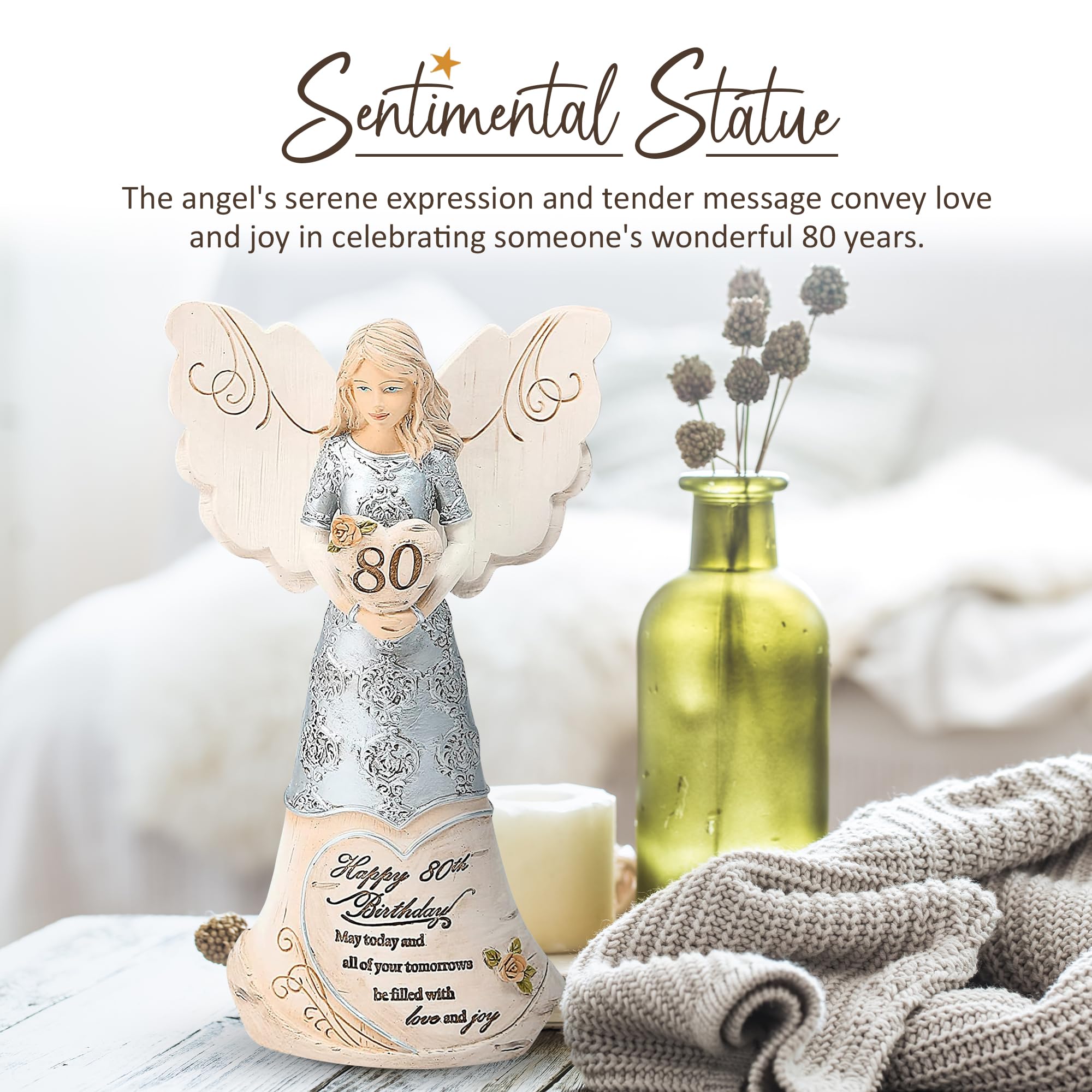Pavilion 'Happy 80th Birthday' 82475 Elements Angels - Polyresin Birthday Angel Figurine - Silver Hand-Painted Remembrance and Keepsake Gift Angel for Grandmothers, Mothers, Aunts, Friends, Women
