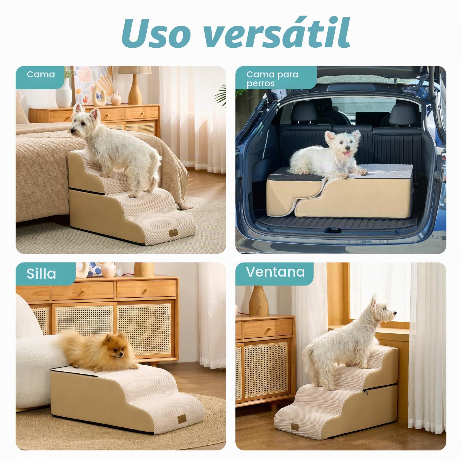 COZY KISS Escalera para Perros Pequeños, Rampa para Perros de Espuma para Cama y sofá, Escaleras para Mascotas con Funda Lavable, Rampa para Gatos de Fondo Antideslizante, Beige, 40x72x50cm