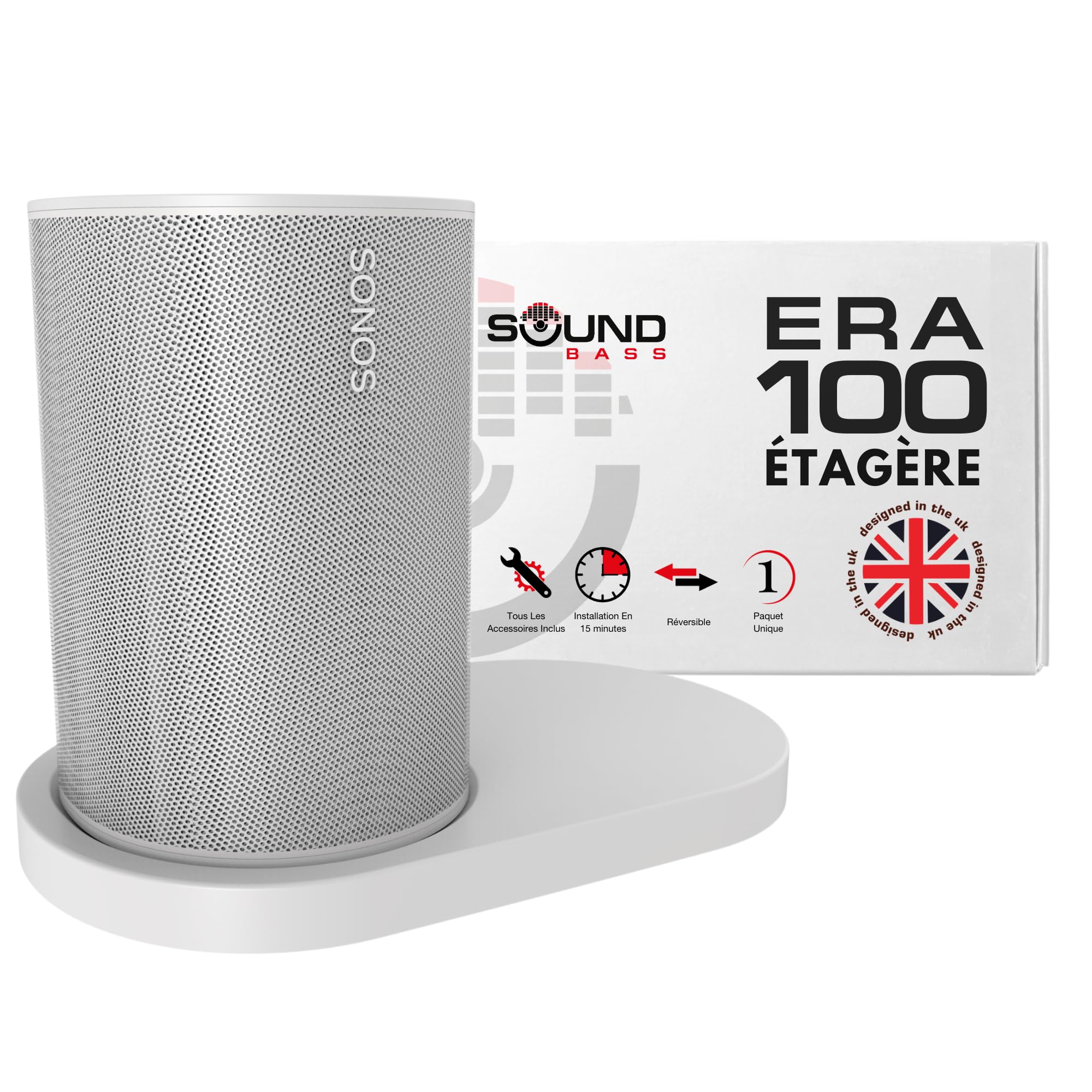 Sound Bass Support mural étagère ERA 100, blanc, 1 pc | Compatible Sonos ERA100 & ERA 100 SL | Support, gestion des câbles, kit de montage