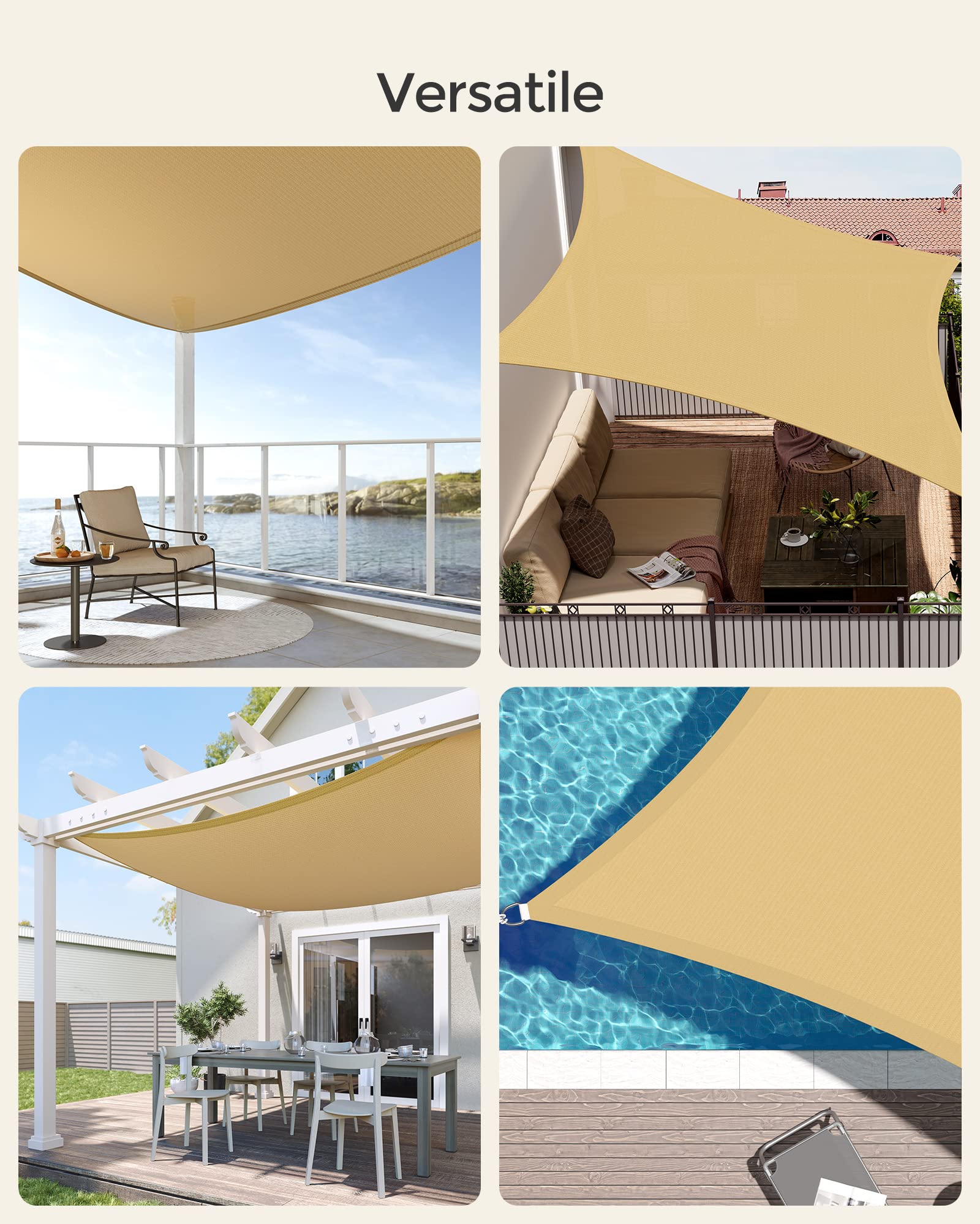 SONGMICS Vela Parasole 3 x 3 m, Tenda da Sole in Tessuto HDPE, Permeabile all'Aria e all'Acqua, Giallo Sabbia