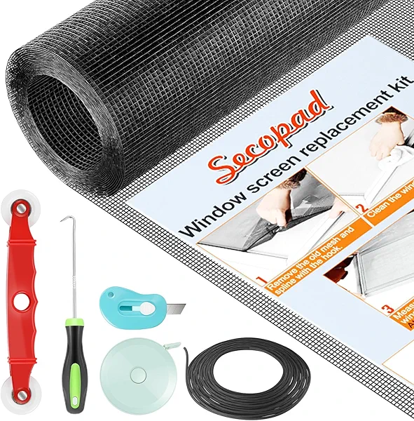 Secopad Window Screen Door Repair Kit, 48" x 177" Screen Door Mesh Replacement Kit, Durable Fiberglass Mesh Roll with Tools for Windows Doors Patio and Porch Replacement, Black