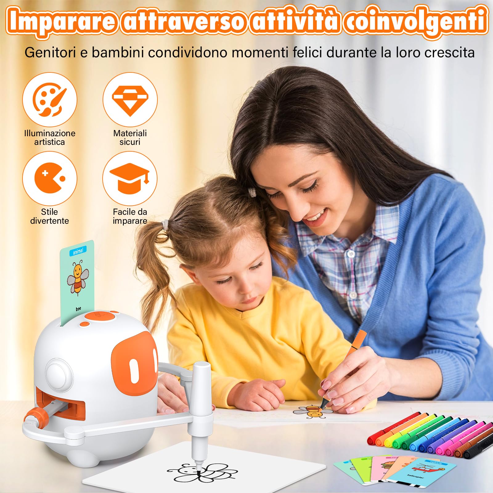 Ruycllo Robot da Disegno per Bambini, Giocattolo Educativo con Funzione Vocale – 100 Carte e Pennarelli per Bambini da 3 Anni, Favorisce, Batteria Ricaricabile USB-C, Regalo Creativo, Bianco