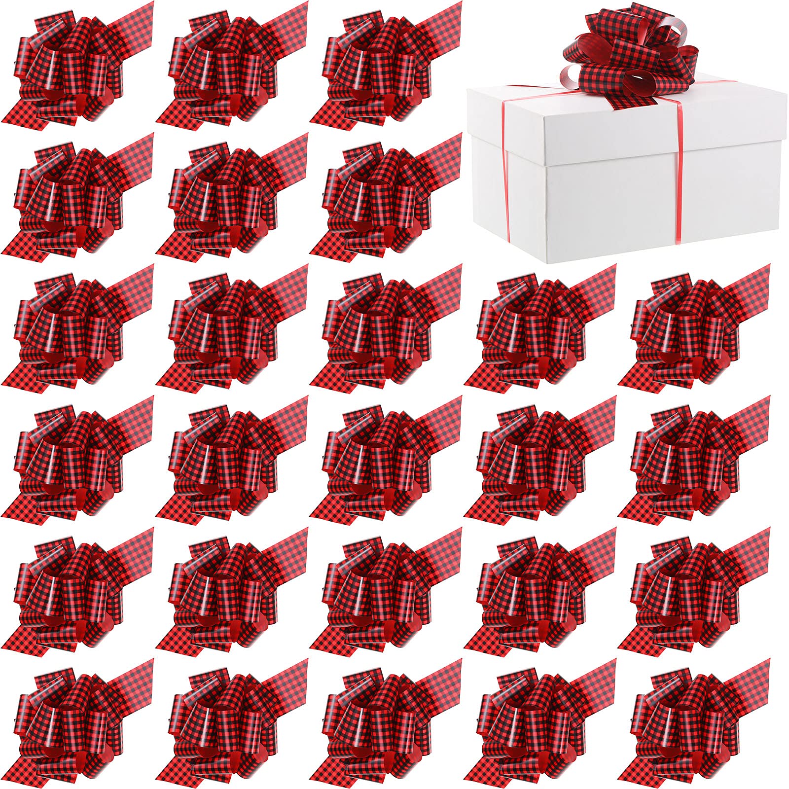 Waydress 30 Pieces Christmas Pull Bows Bulk 5 Inches Buffalo Plaid Bows Xmas Pull Wrap Bow Christmas Decorative Ribbon Accessory Craft for DIY Xmas