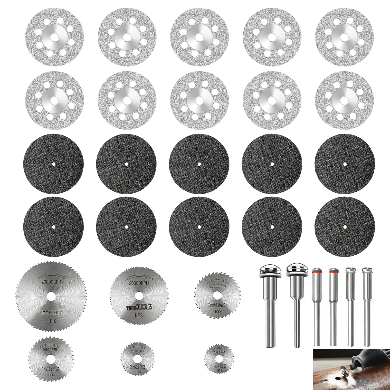 32 Pack Cutting Discs Compatible with Dremel, Diamond Cutting Wheels, HSS Circular Saw Blades, Resin Cut-Off Discs, 1/8" Shank Mandrels, Ideal for Wood, Metal, Glass, Stone, and DIY Craft Projects