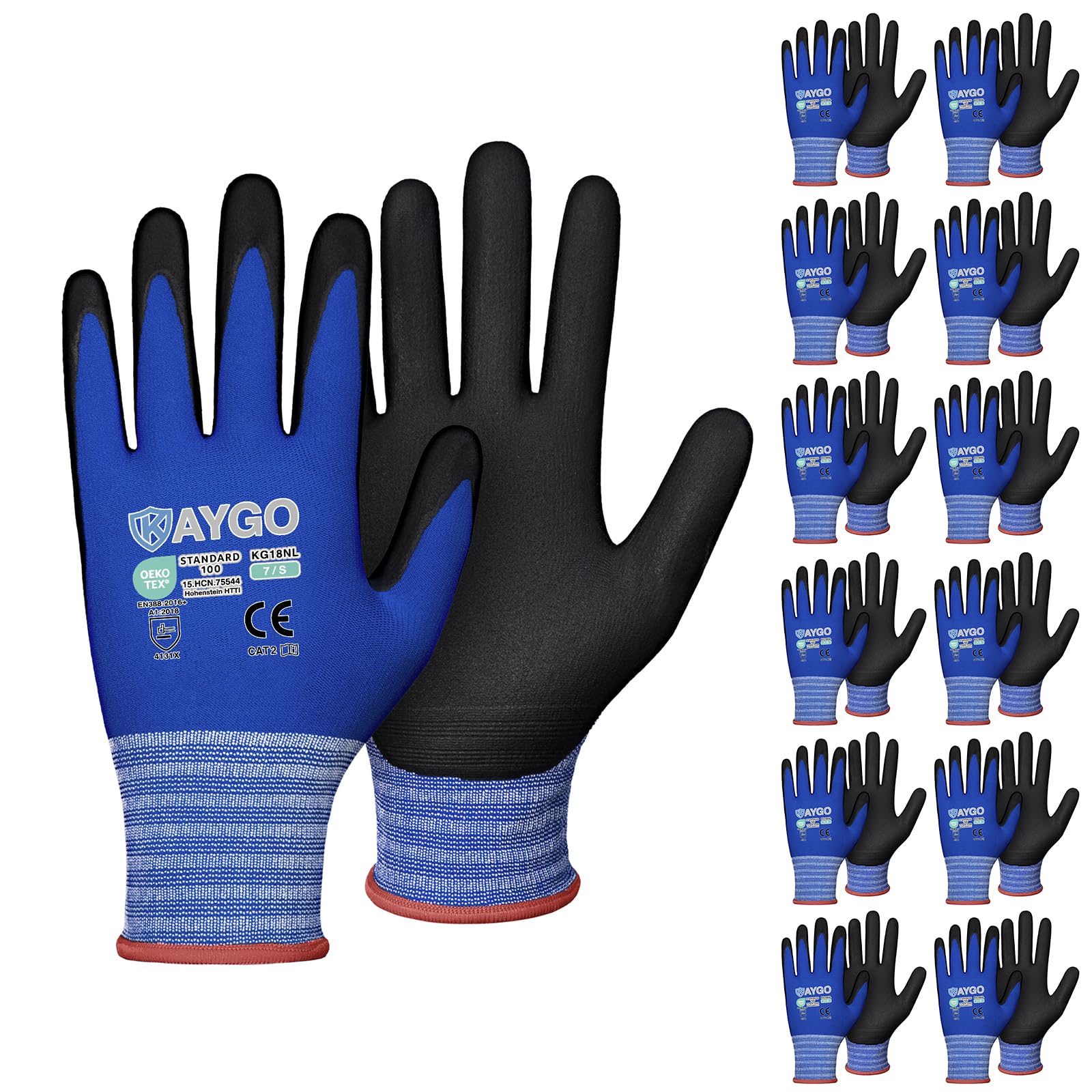 KAYGO Safety Work Gloves MicroFoam Nitrile Coated-12 Pairs, KG18NB,Seamless Knit Nylon Glove with Black Micro-Foam Nitrile Grip,Ideal for General Purpose,Automotive,Home Improvement
