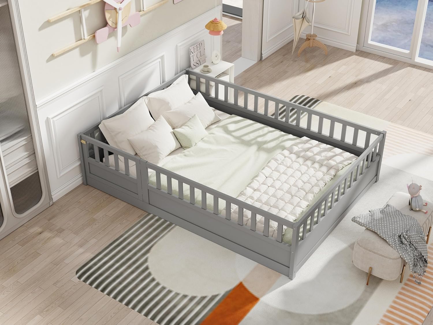 Full Size Montessori Floor Bed with High Fence, Door and Slats, Wood Kids Bed Full Size, Floor-Bed-Frame for Bedroom, Toddlers, Boys Girls, Kids Playroom (Grey, Full)